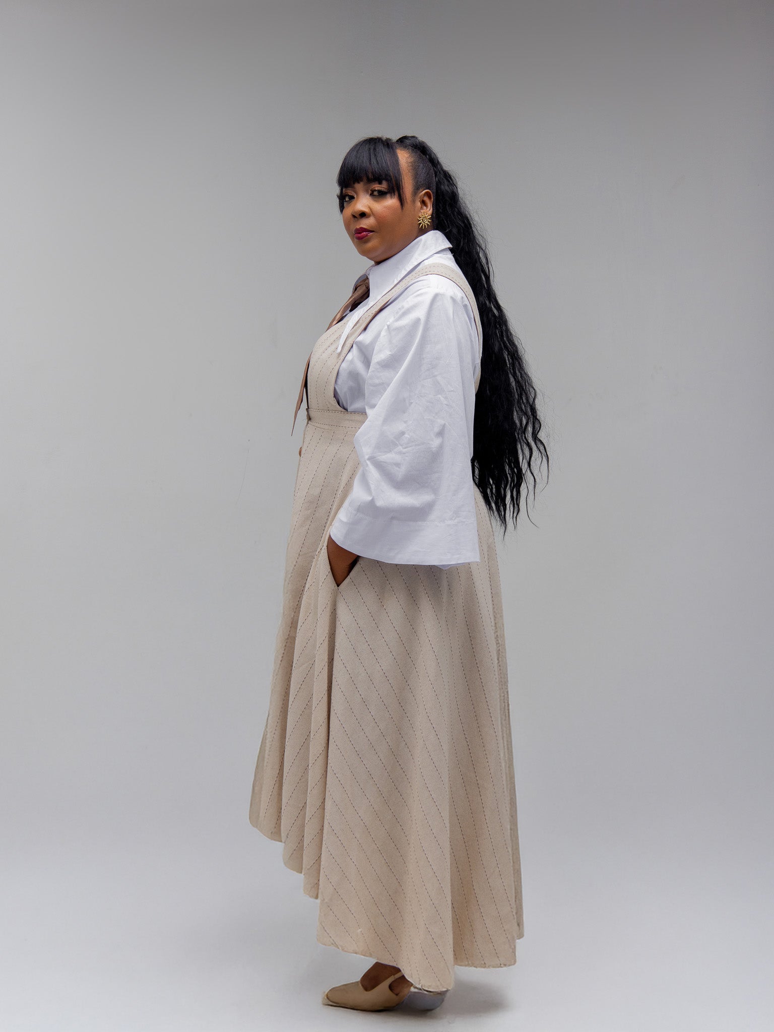 CREAM/BROWN DUNGAREE SKIRT