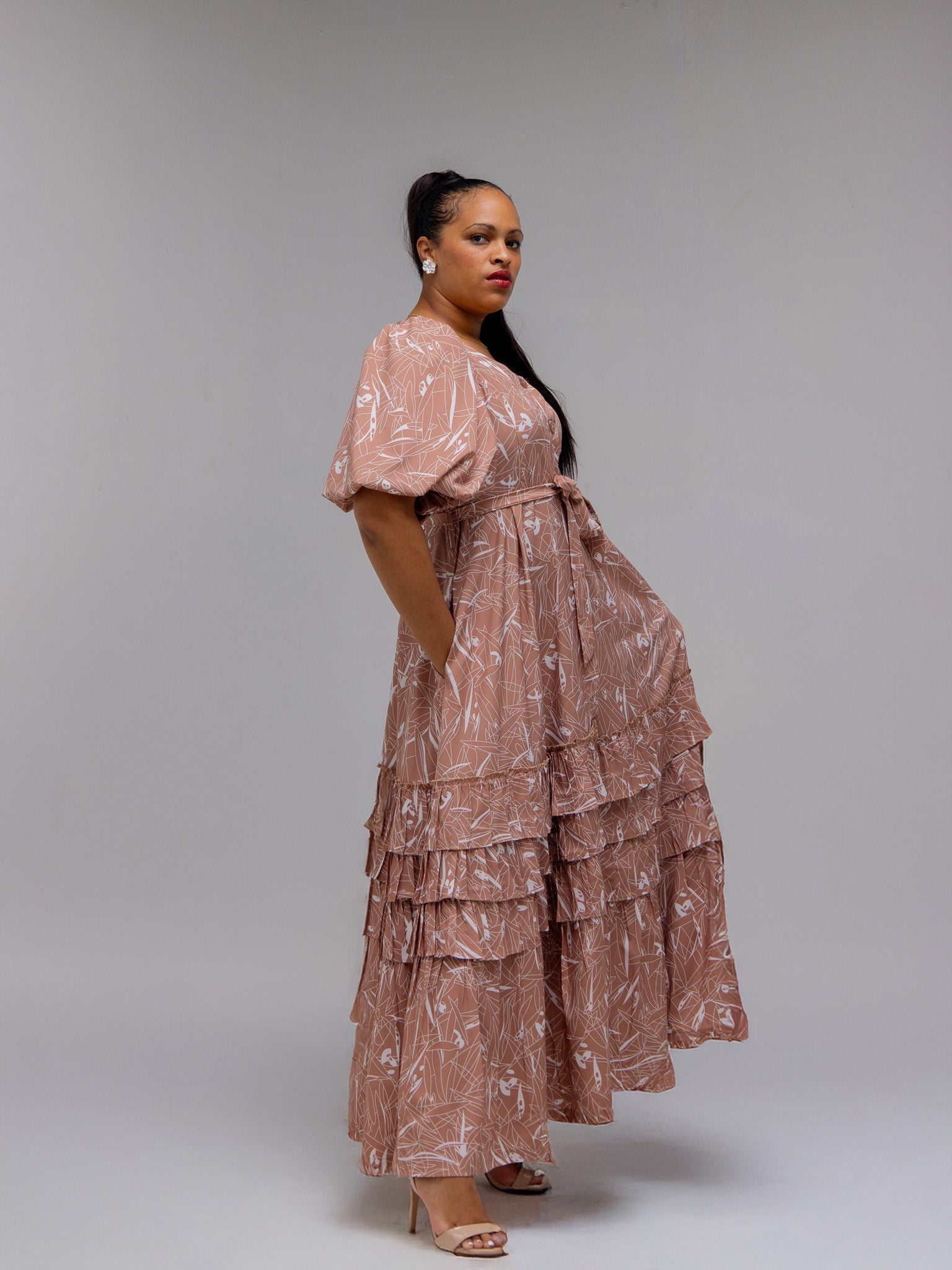 Brown/Cream Printed Dress FR1146