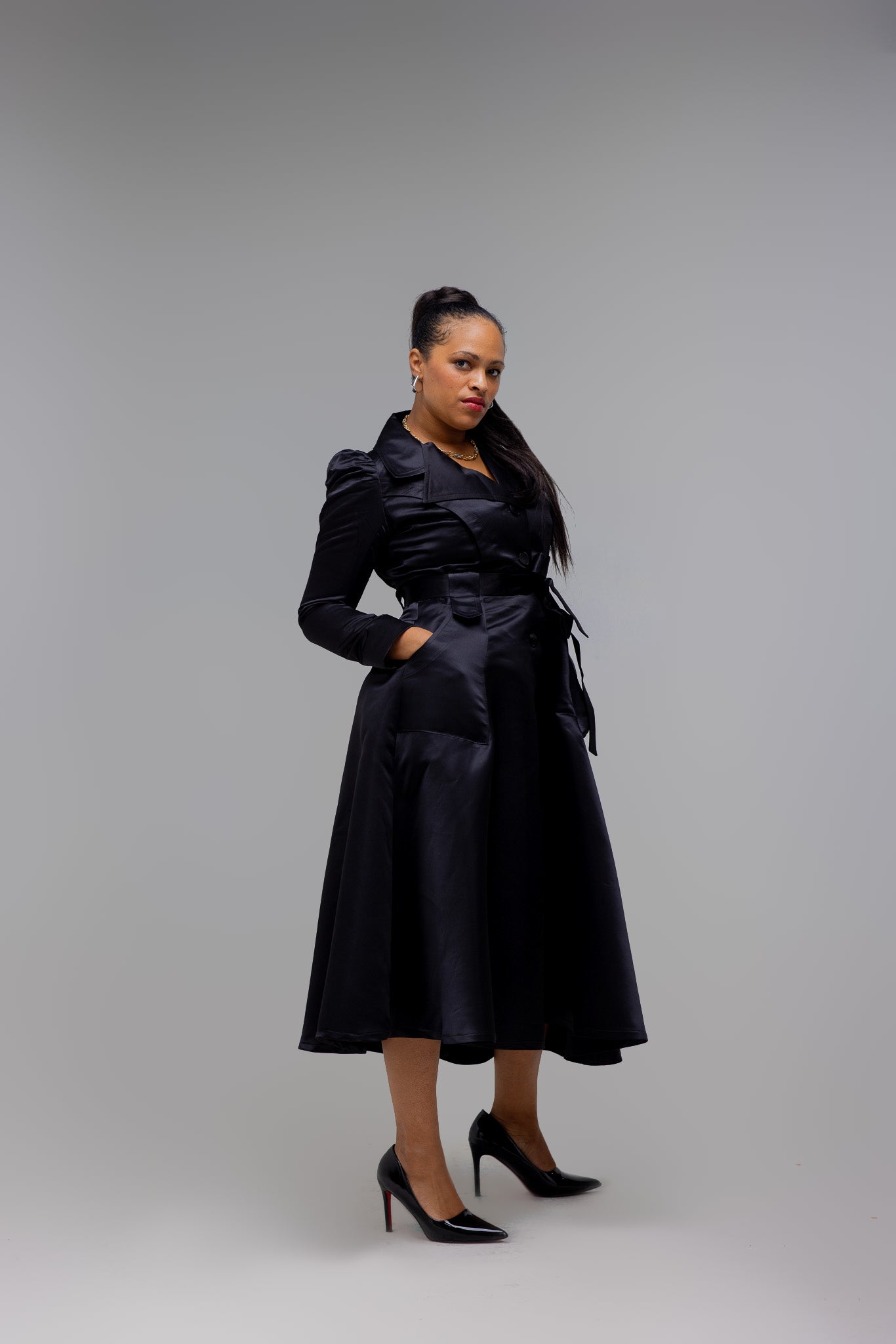 FR1136 BLACK PRINCESS COAT DRESS