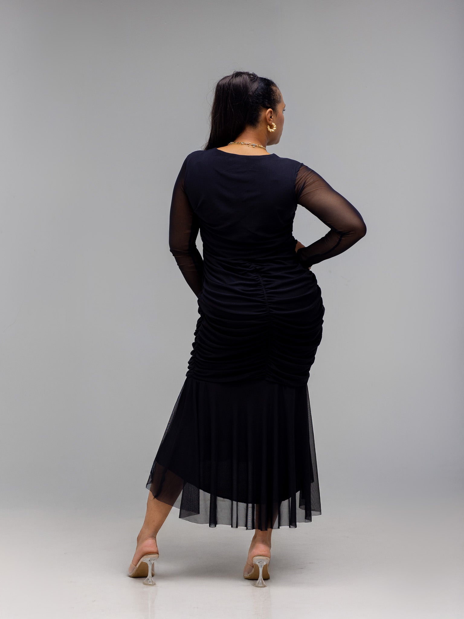 Black Aurora Ruched Mesh Dress – Body-Shaping Elegant Occasion Dress | FRIDA FR1137