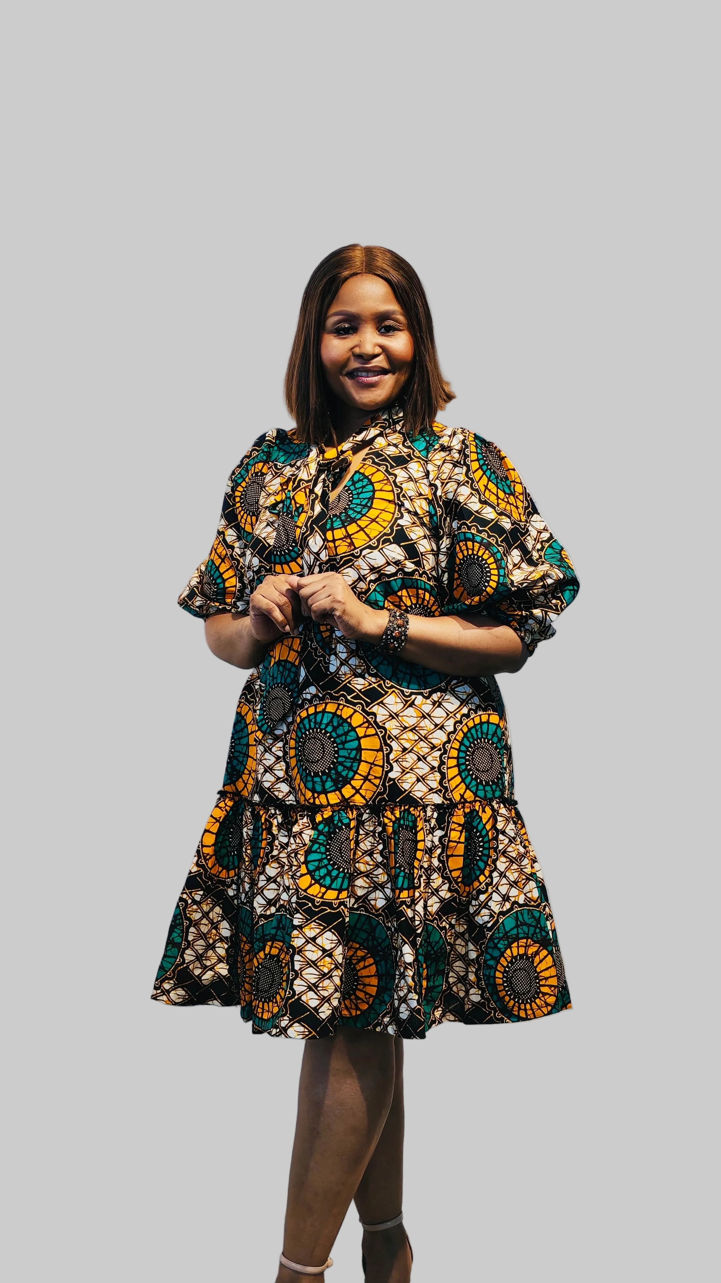 Cream/Green Ankara Nolan Dress FRA97