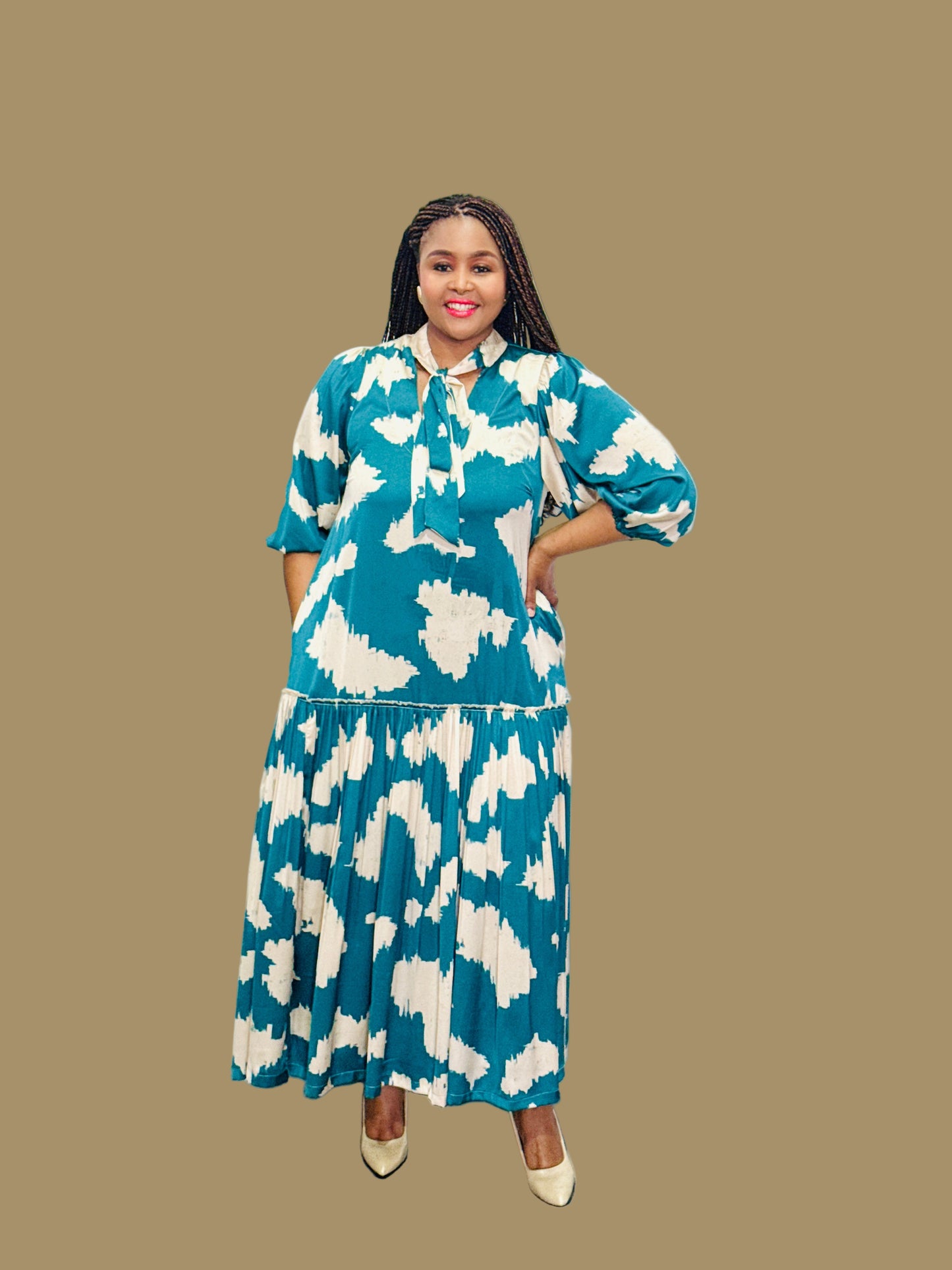 FR1067 CREAM/TEAL MAXI NOLAN DRESS