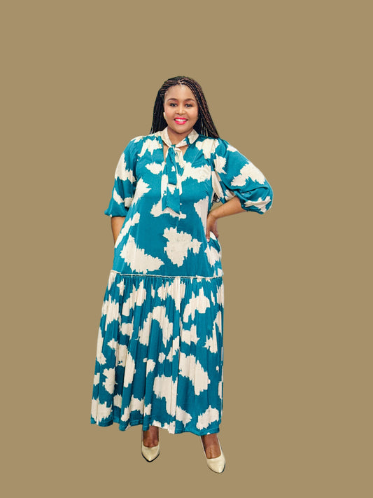 FR1067 CREAM/TEAL MAXI NOLAN DRESS