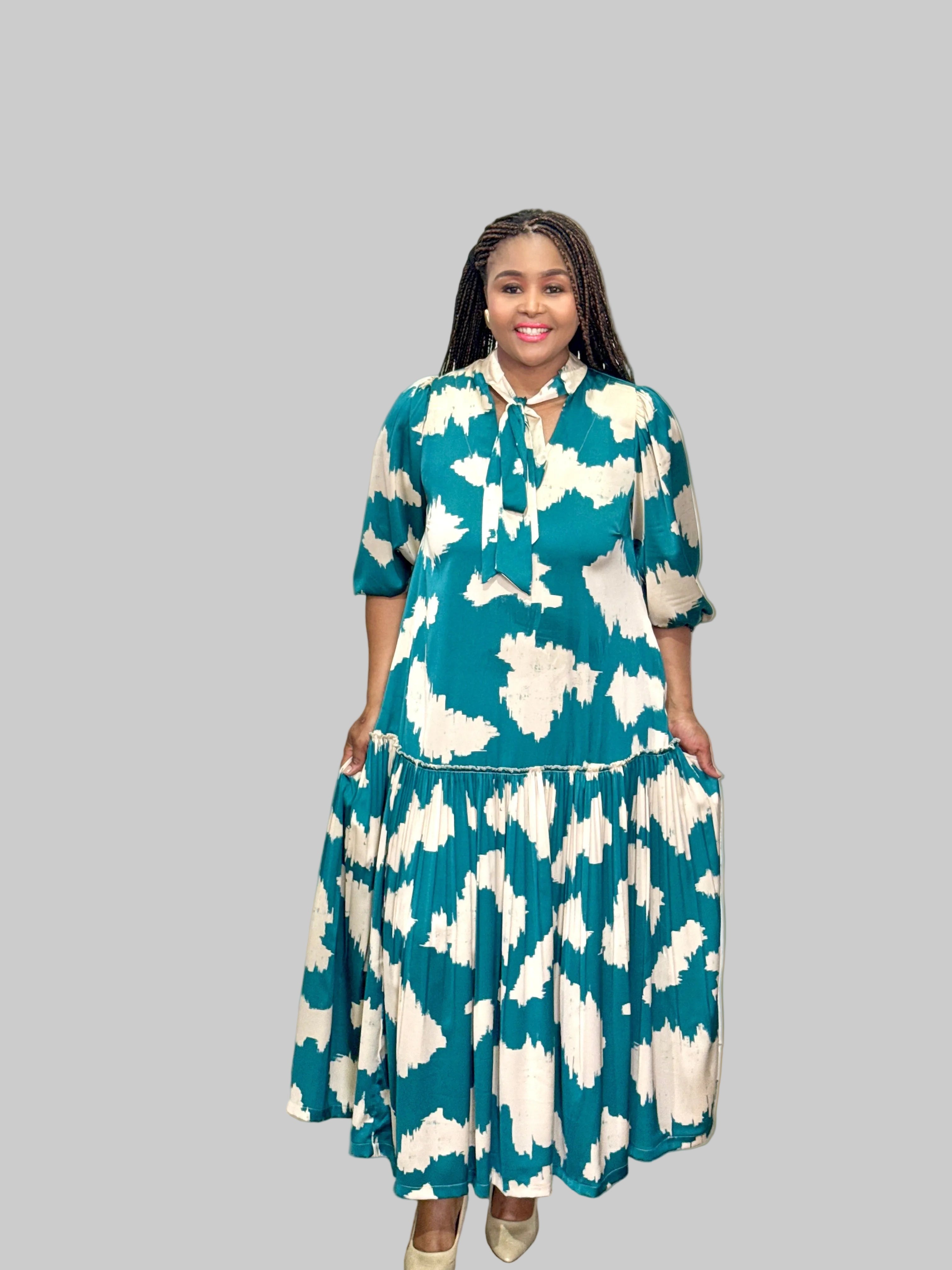 FR1067 CREAM/TEAL MAXI NOLAN DRESS
