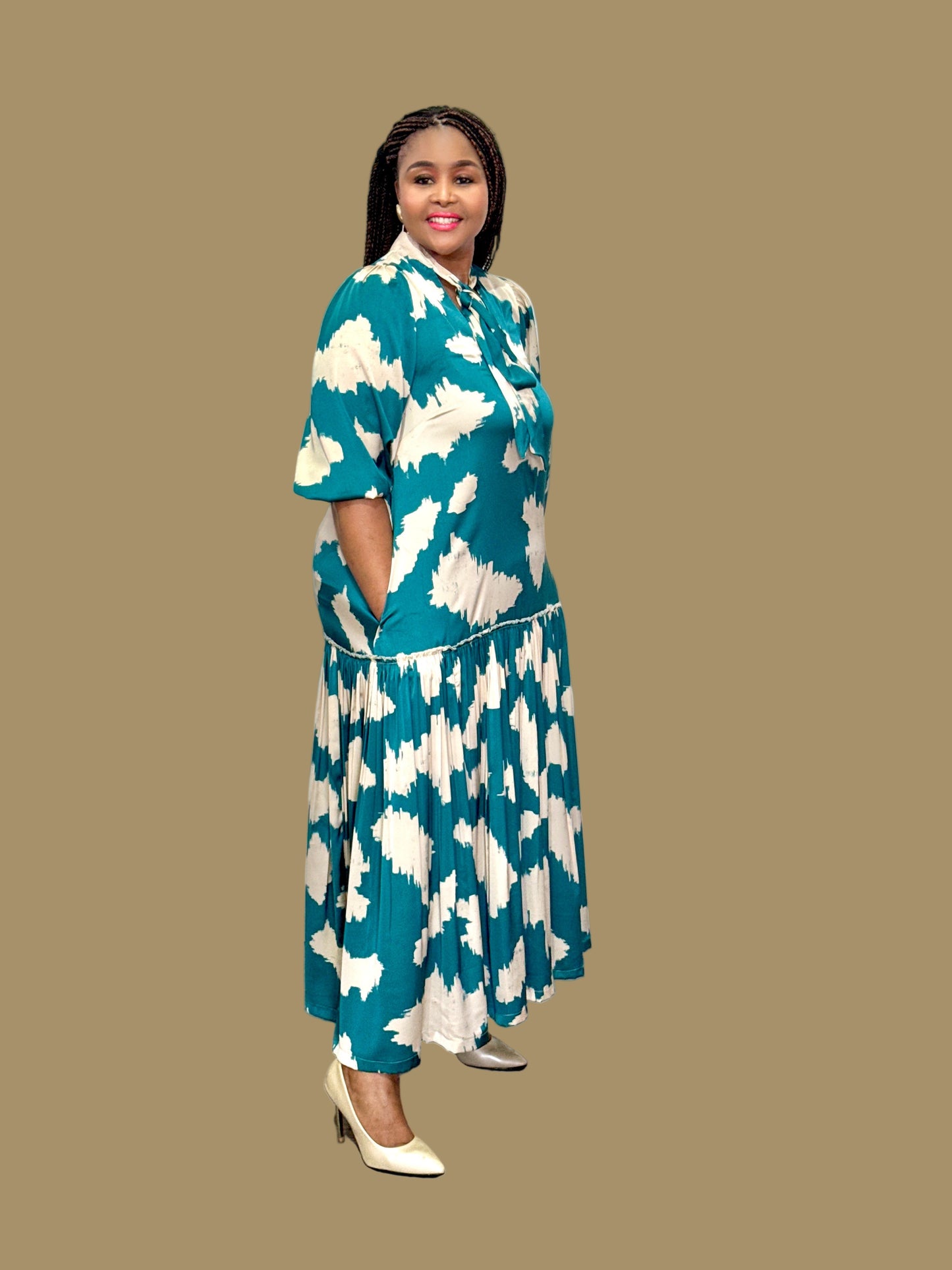 FR1067 CREAM/TEAL MAXI NOLAN DRESS