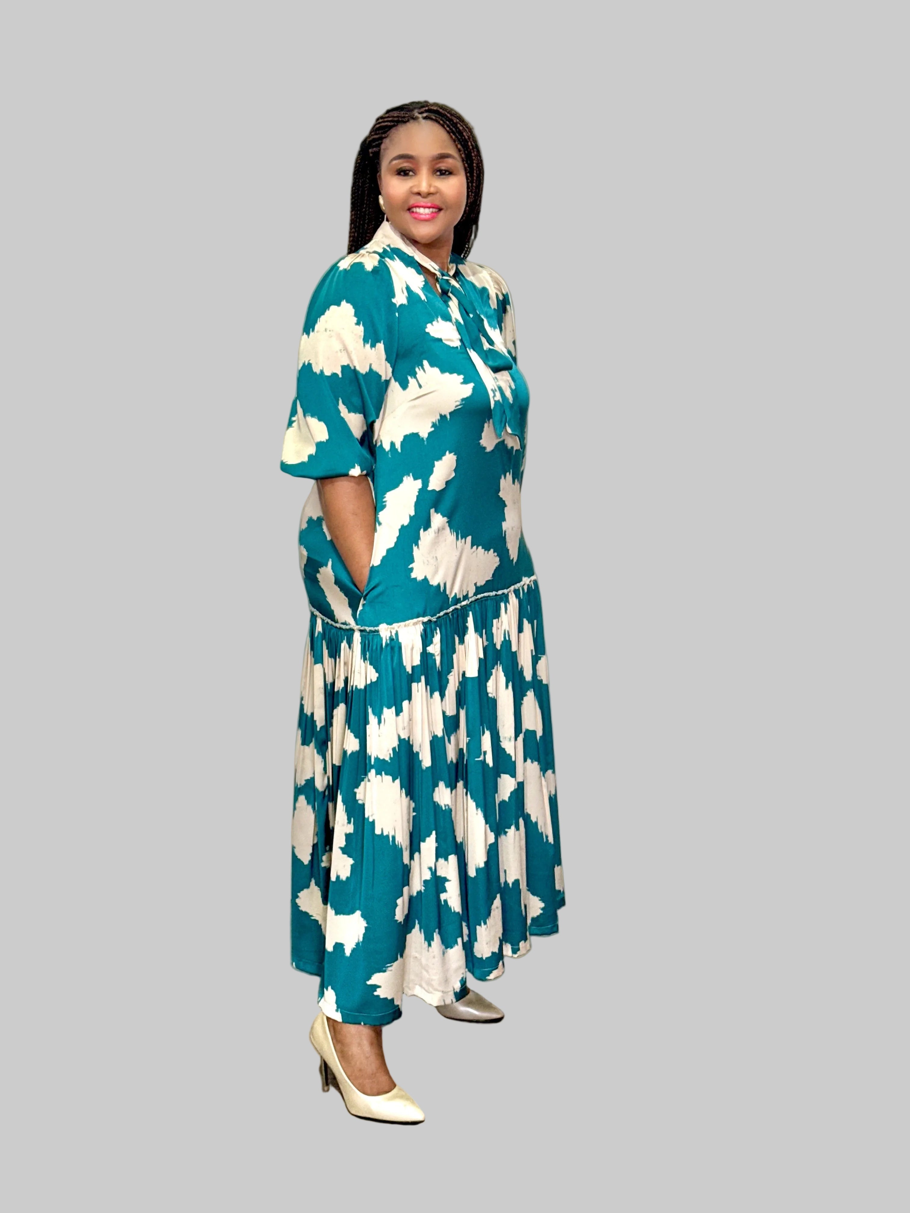 FR1067 CREAM/TEAL MAXI NOLAN DRESS