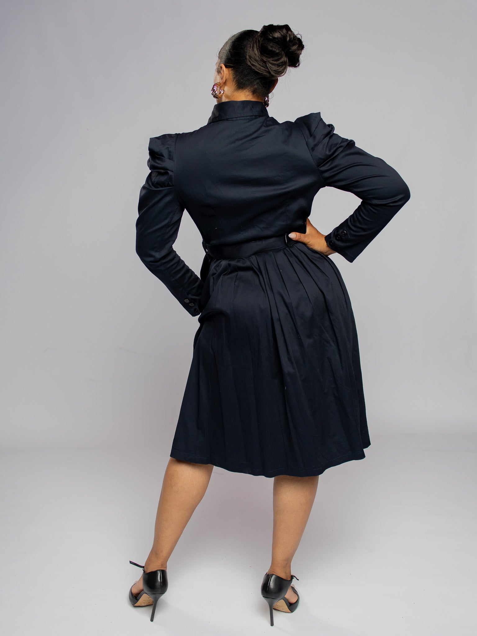 Navy Long Sleeved Pleated Dress FR1159