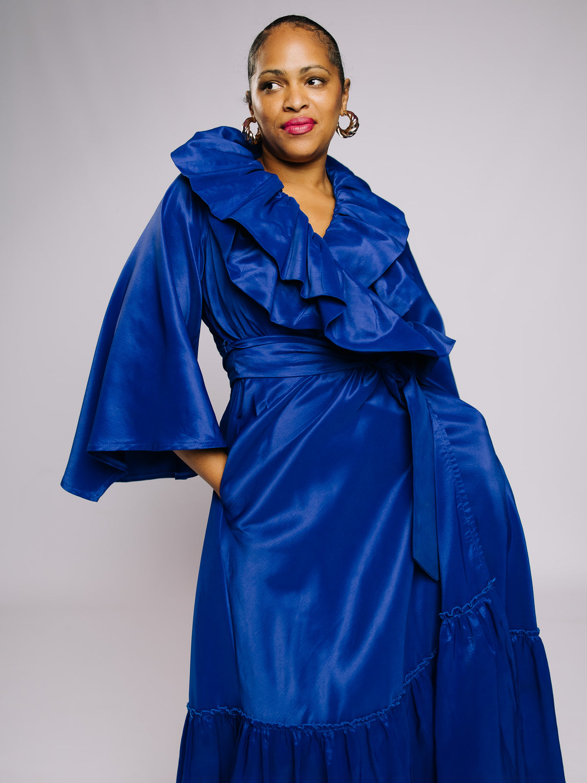Blue Maxi Wrap-Around Ruffle Dress FRE001