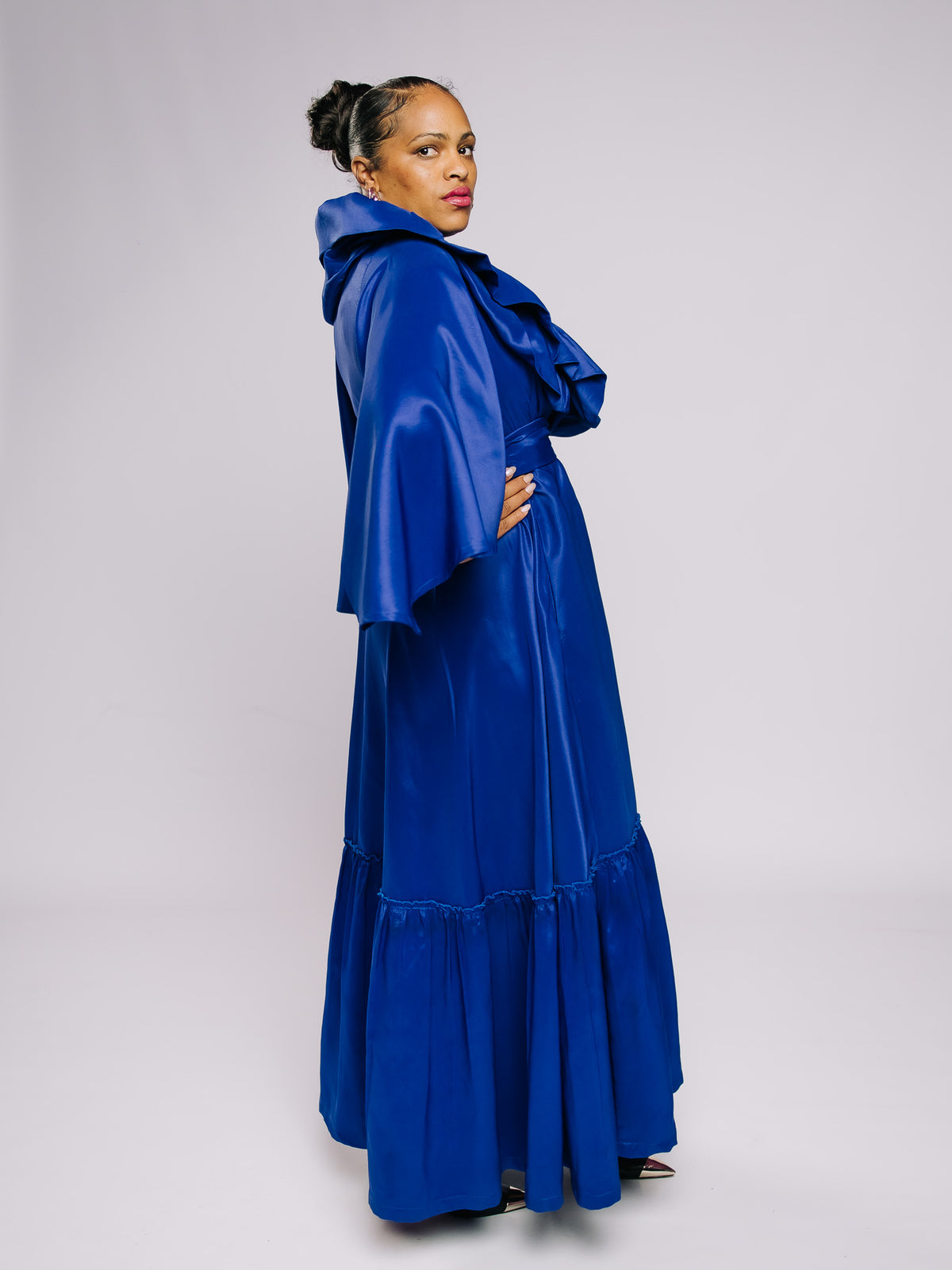 Blue Maxi Wrap-Around Ruffle Dress FRE001
