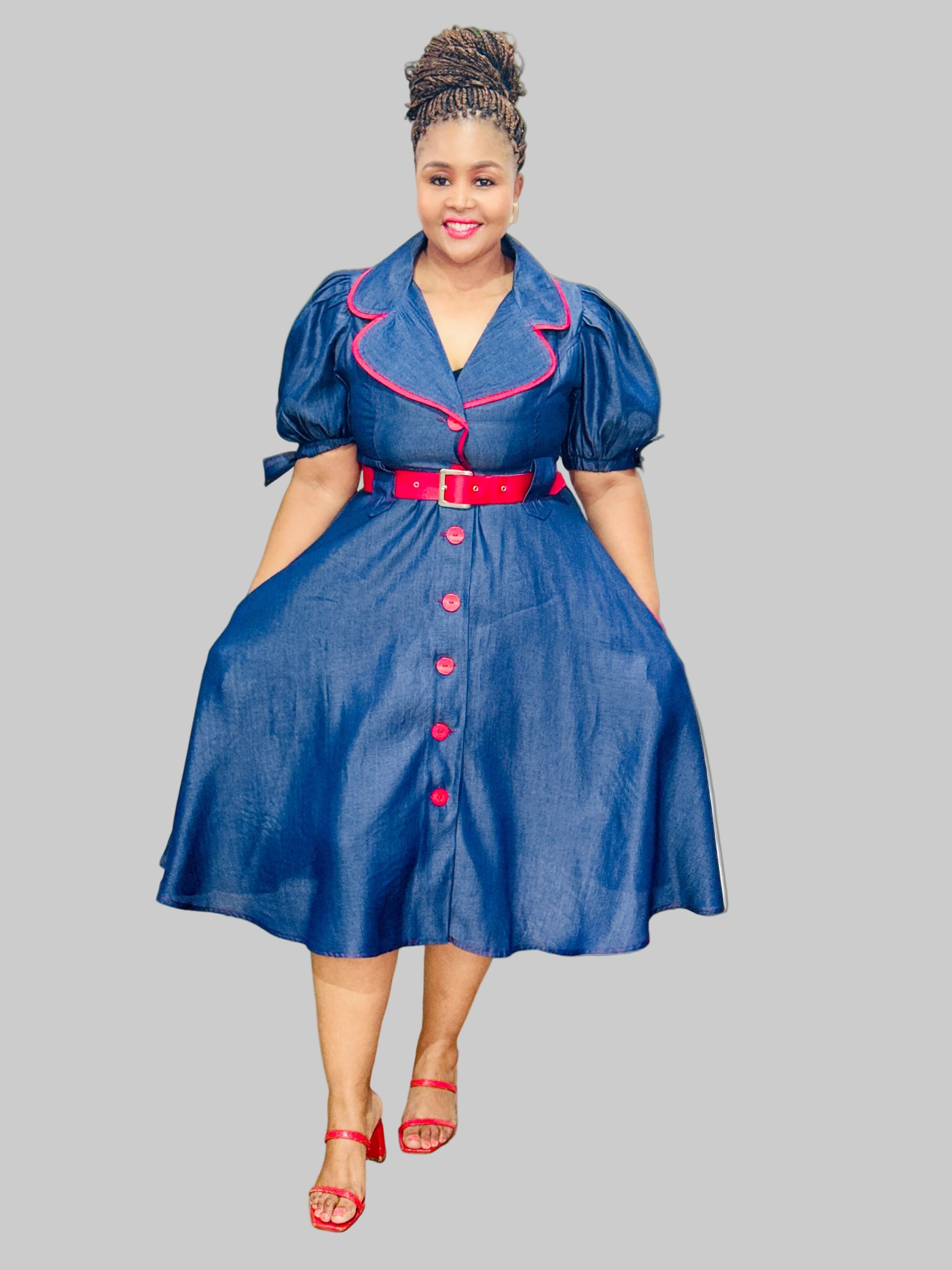 FR1083 NAVY/RED TENCEL DENIM DRESS