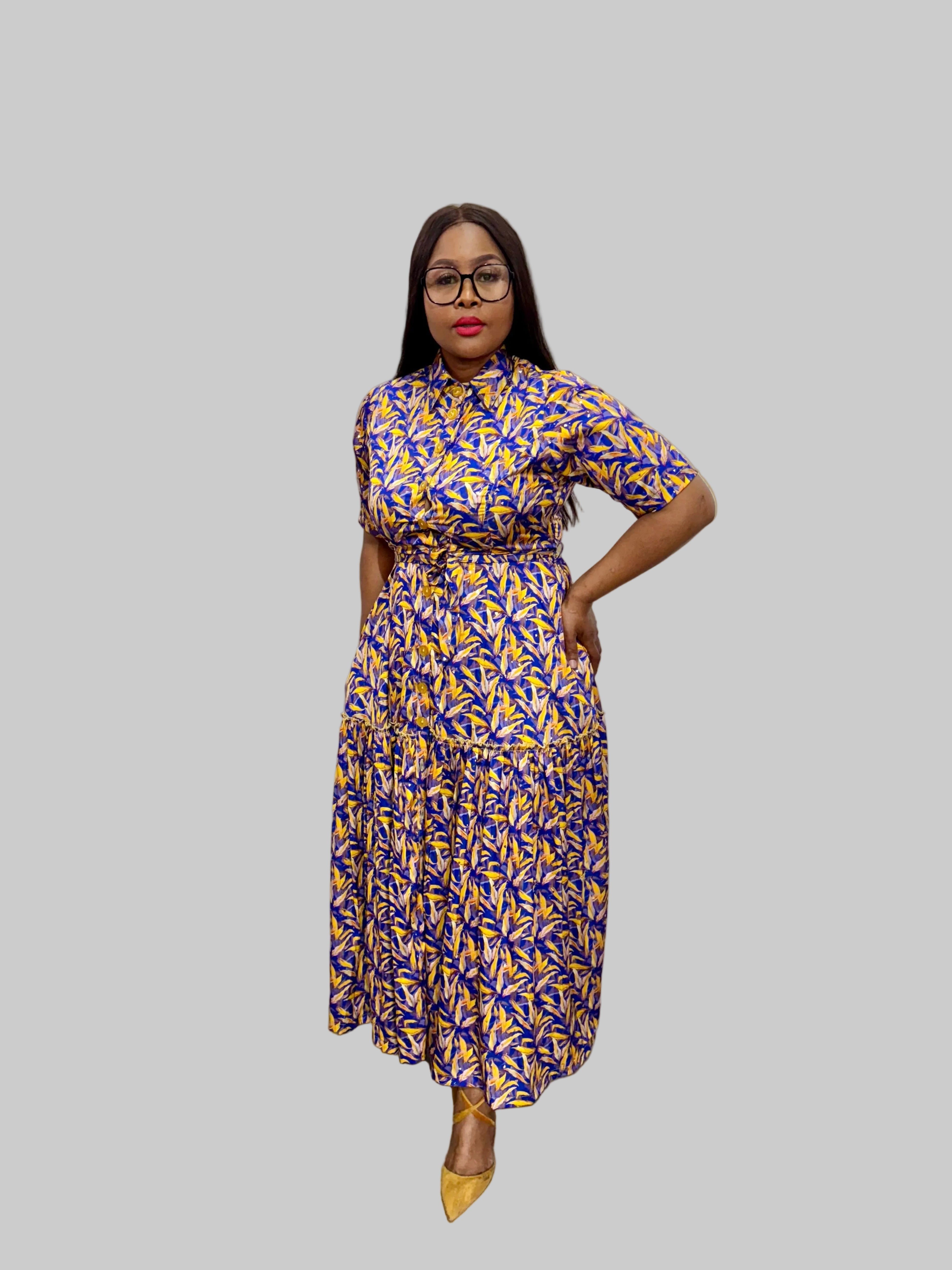 FR1073 BLUE/YELLOW GIPSY SHIRT DRESS