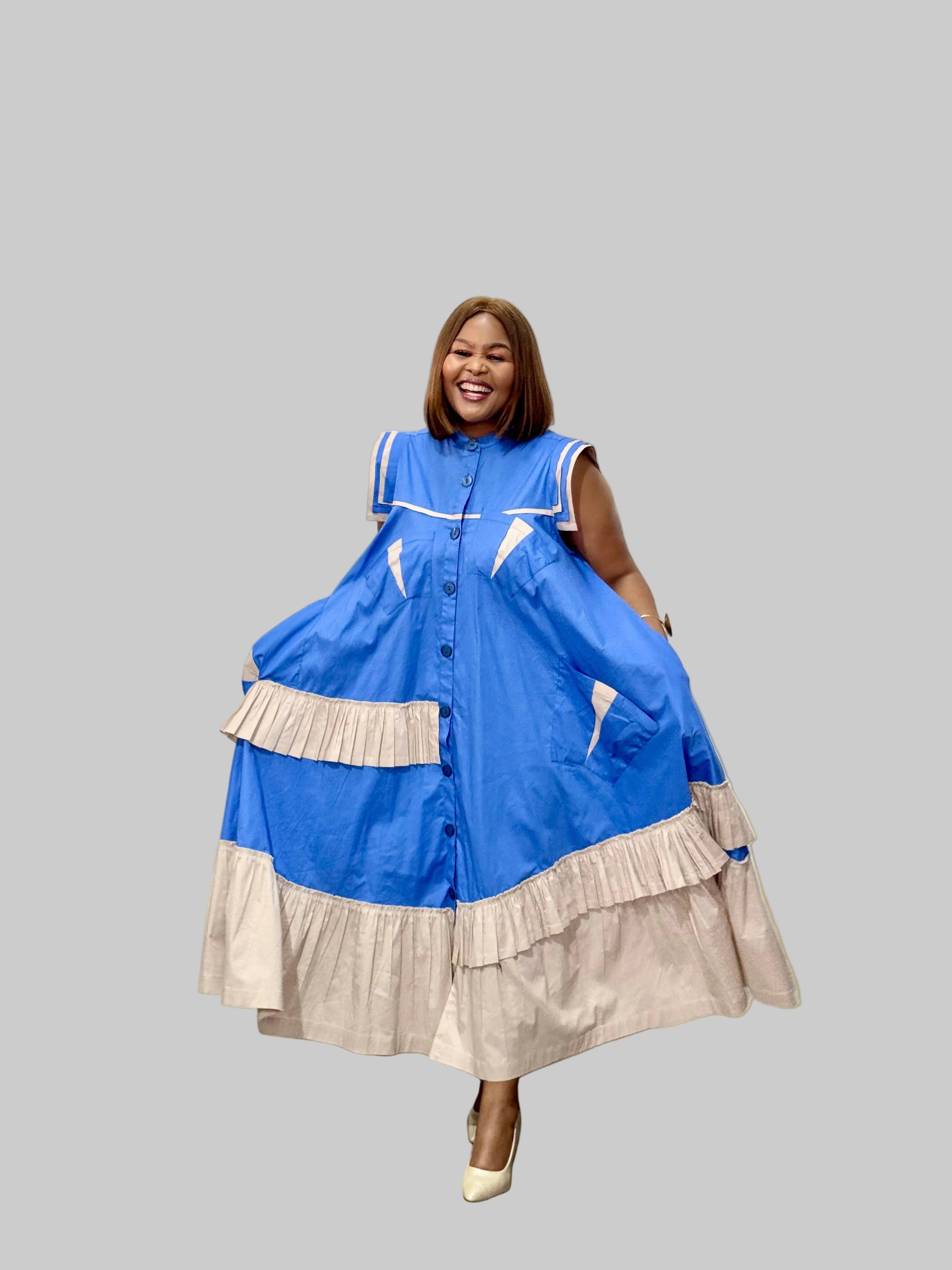 FR1094 BLUE/STONE MAXI FRILLED NAOMI DRESS