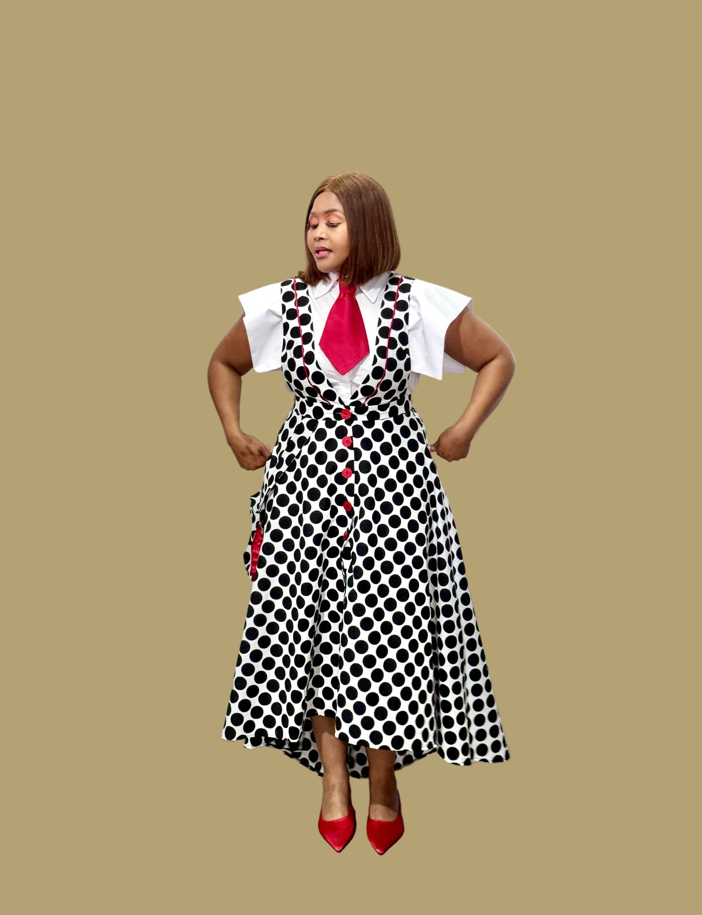 FR1092 BLACK/WHITE POLKA DOT DUNGAREE SKIRT