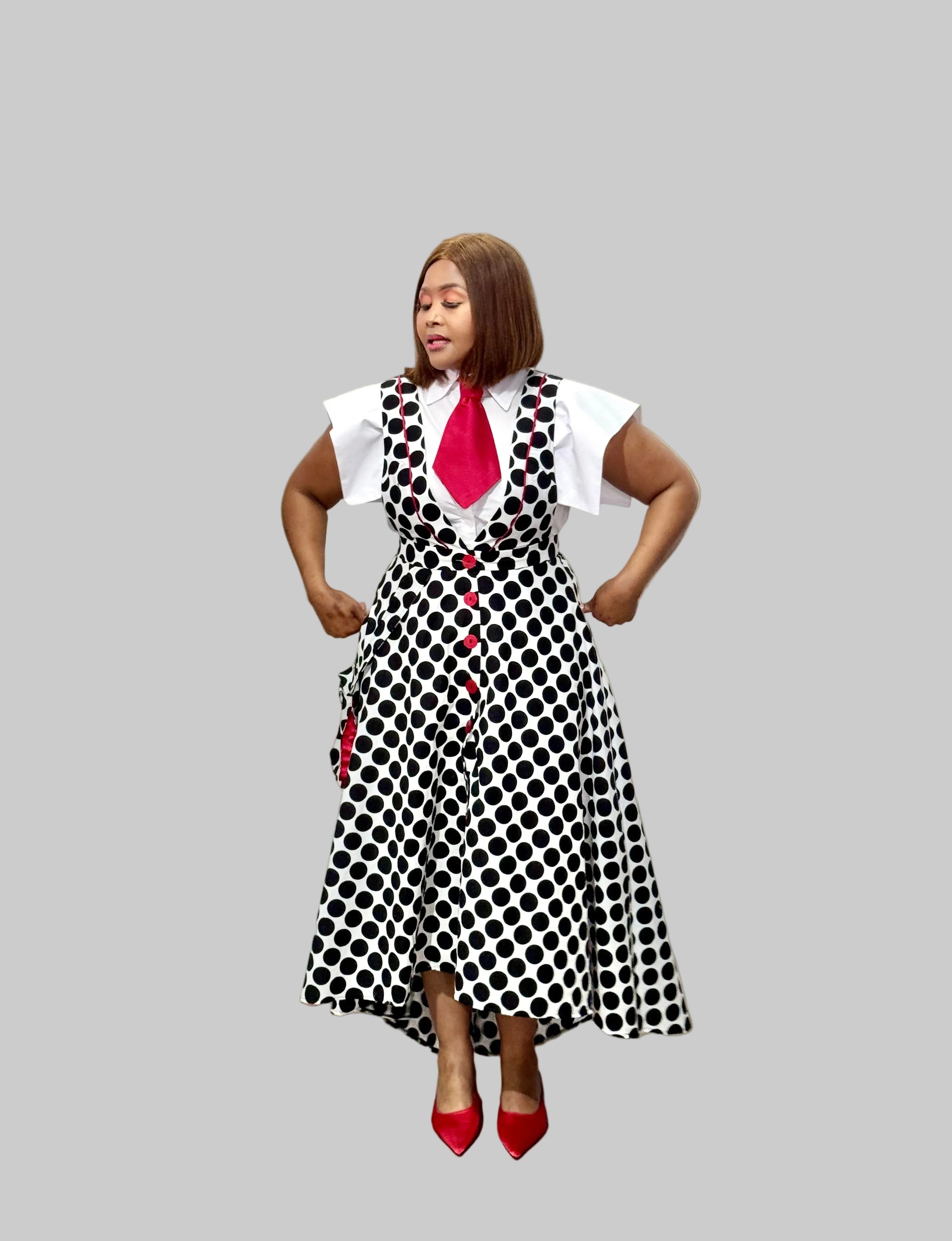 FR1092 BLACK/WHITE POLKA DOT DUNGAREE SKIRT