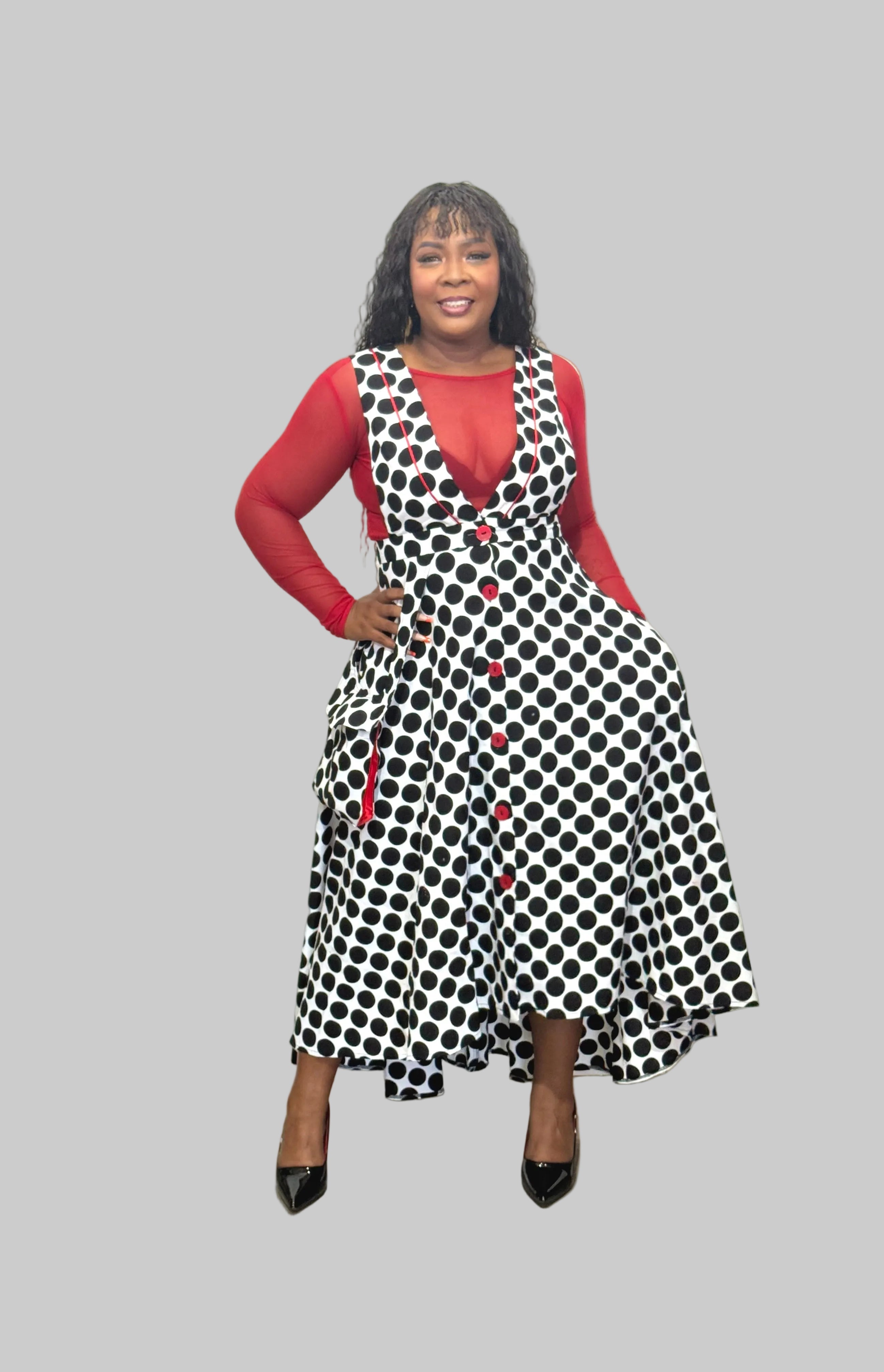 FR1092 BLACK/WHITE POLKA DOT DUNGAREE SKIRT