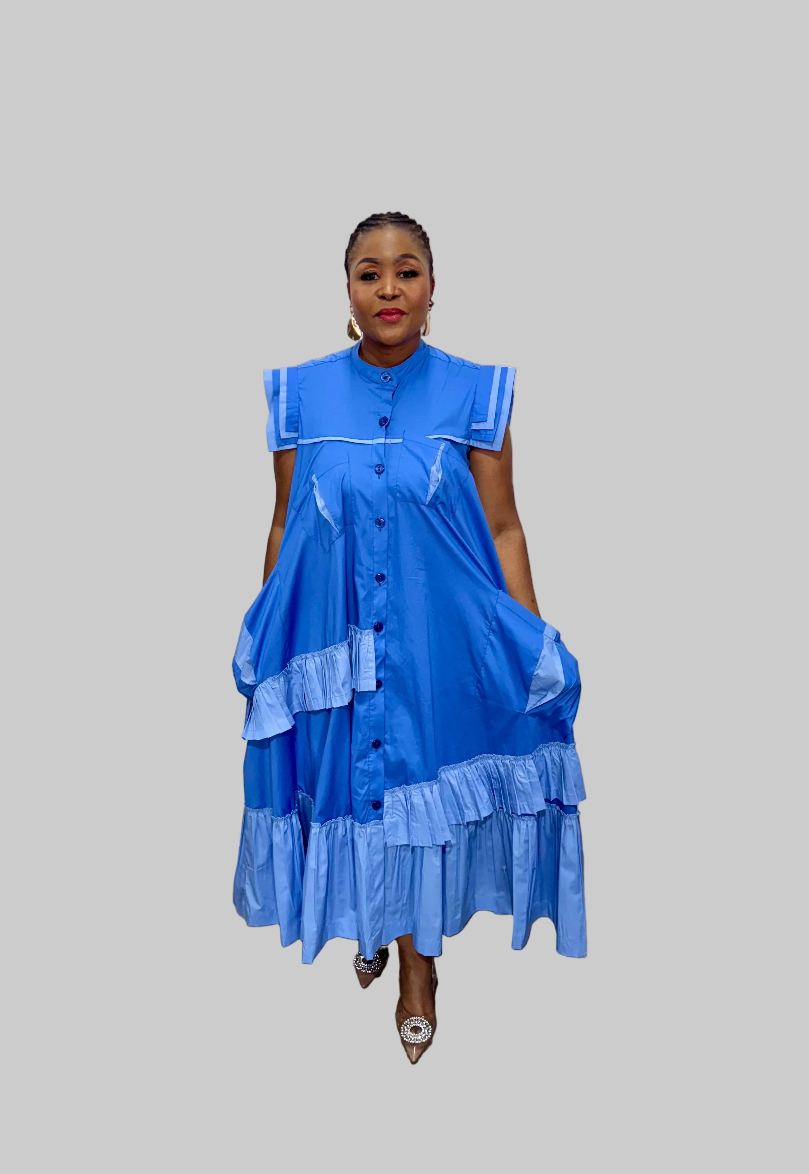 FR1094 BLUE/STONE MAXI FRILLED NAOMI DRESS