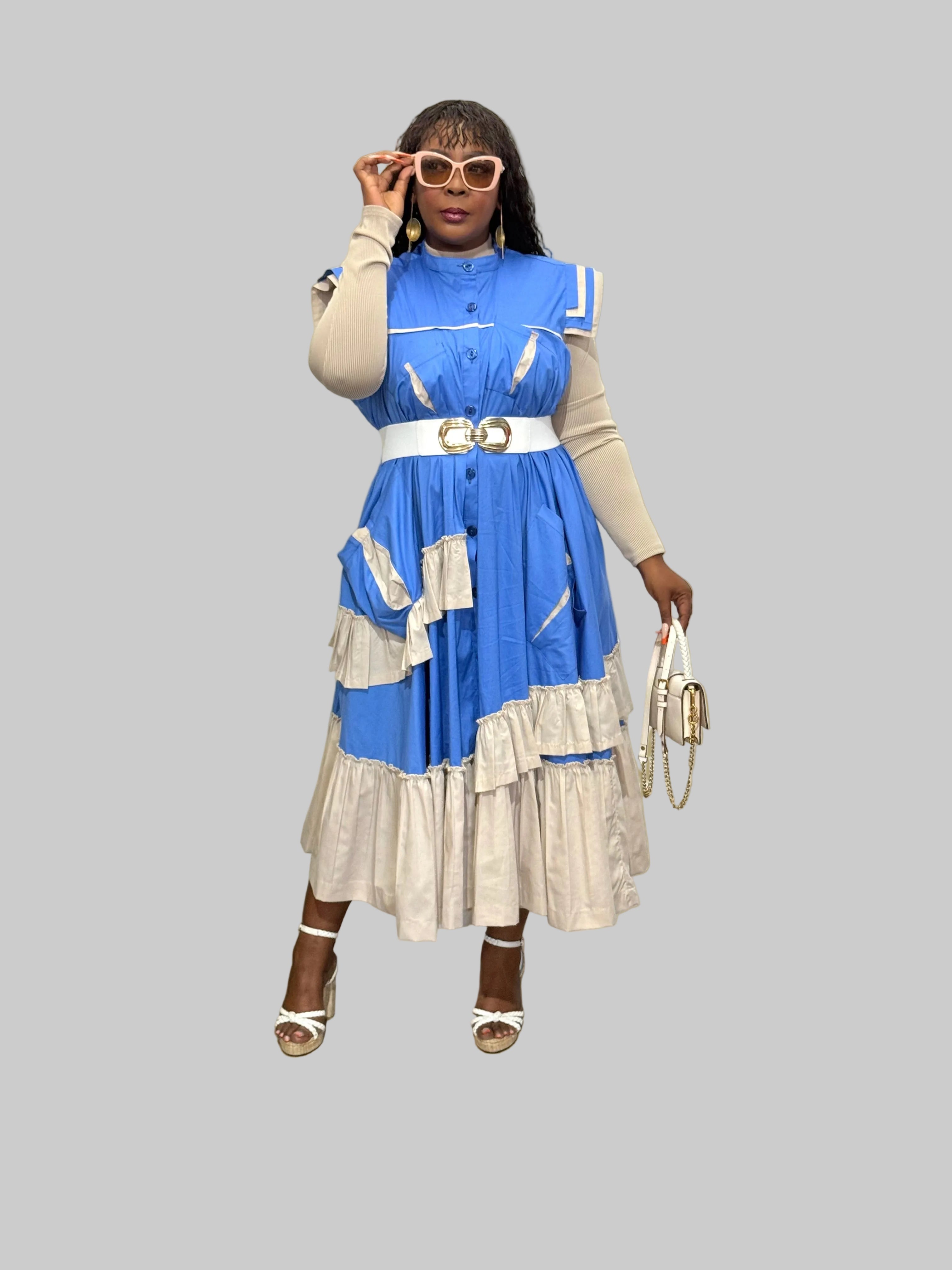 FR1094 BLUE/STONE MAXI FRILLED NAOMI DRESS