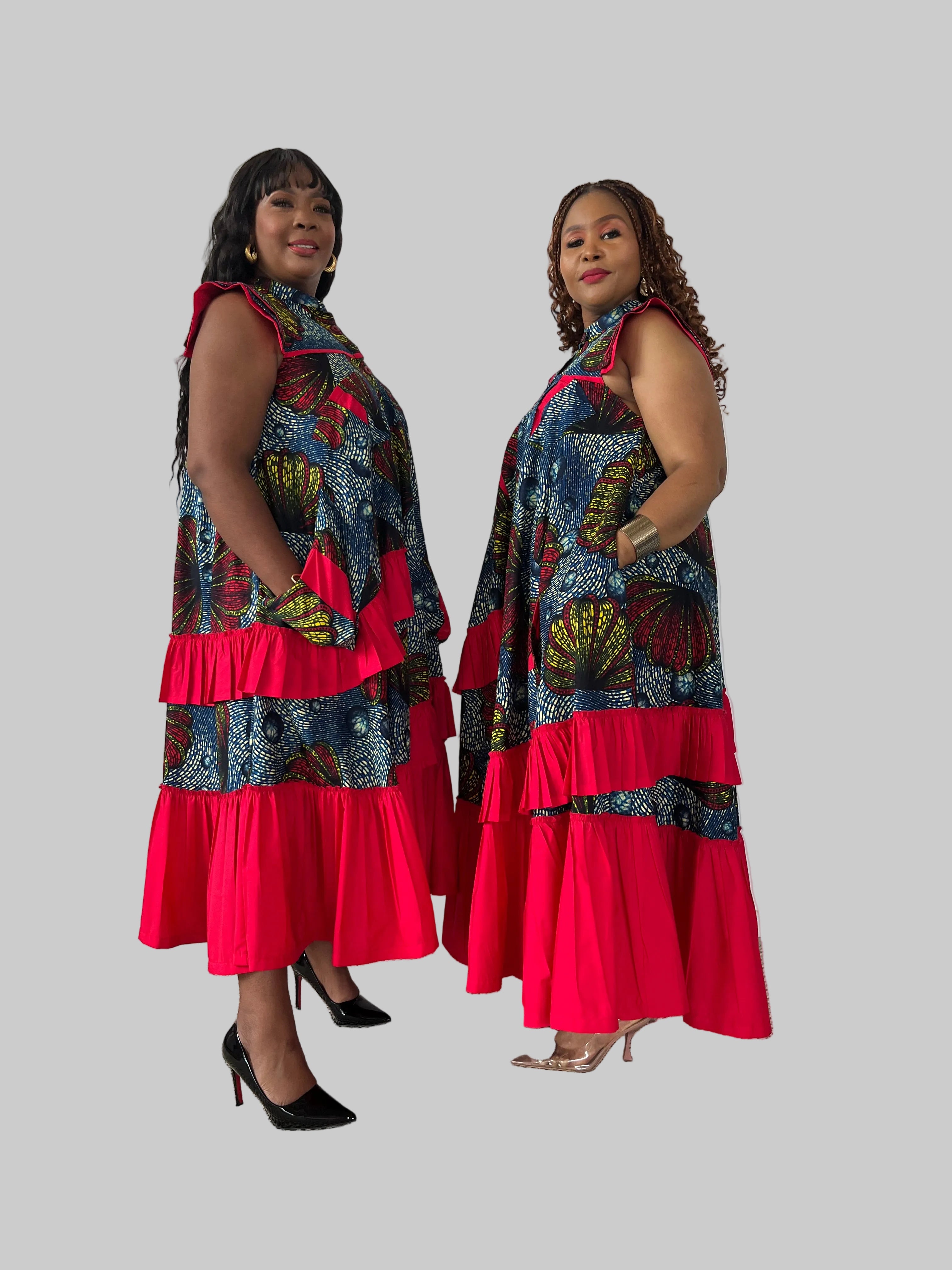 FRA96 BLUE/RED ANKARA MAXI FRILLED NAOMI DRESS