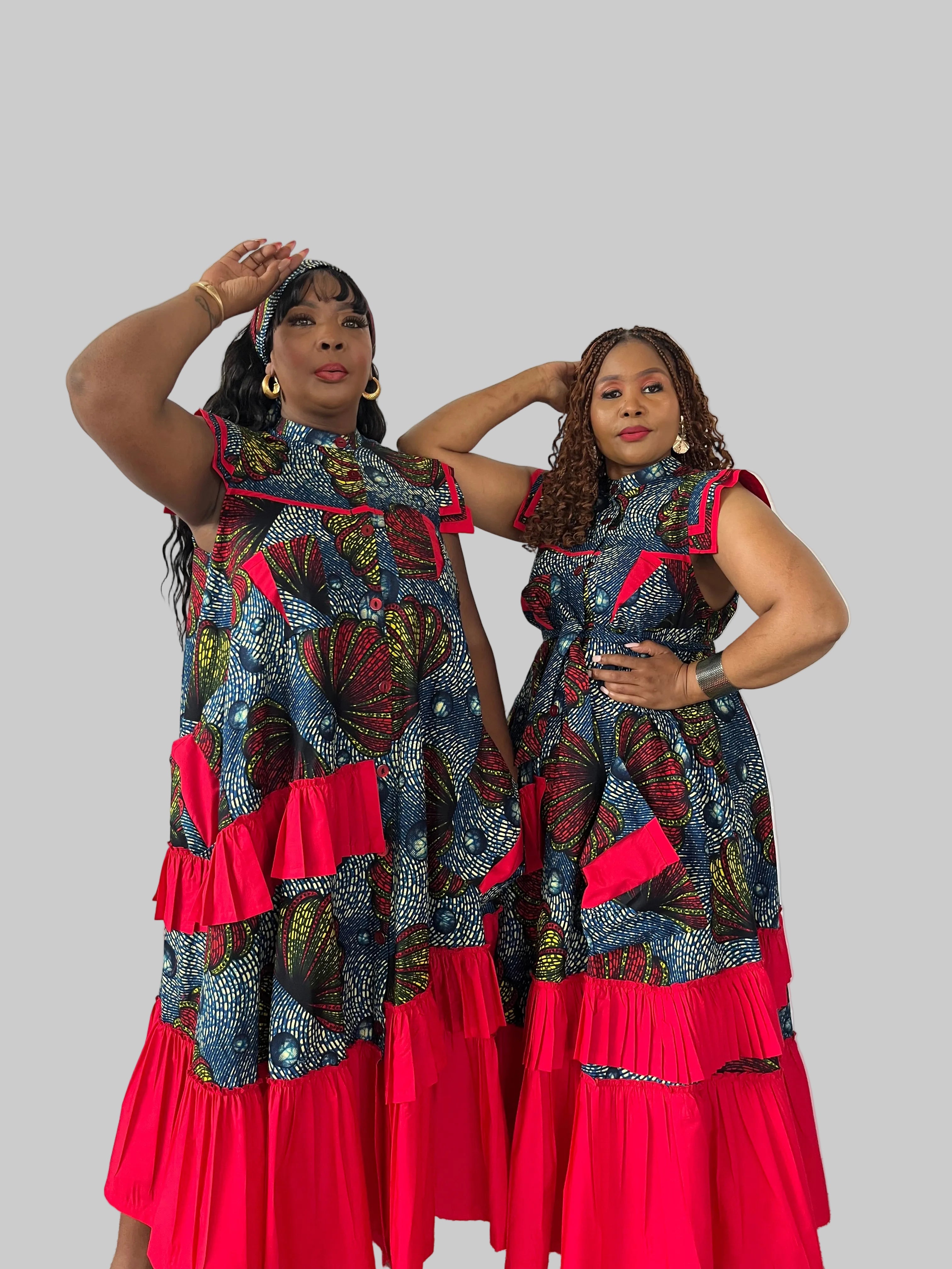 FRA96 BLUE/RED ANKARA MAXI FRILLED NAOMI DRESS
