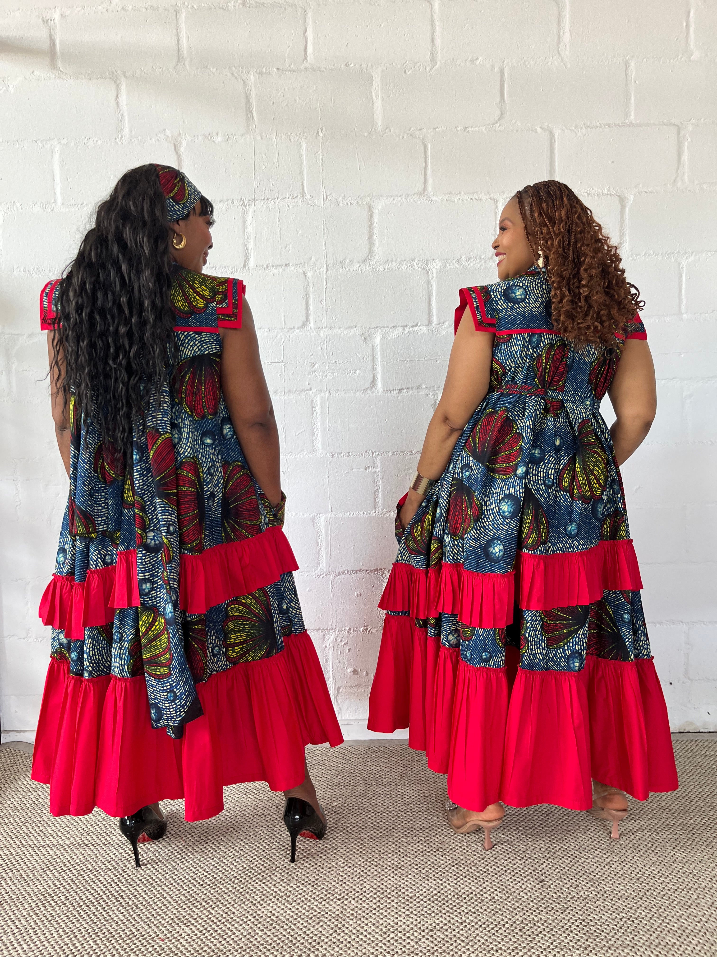 FRA96 BLUE/RED ANKARA MAXI FRILLED NAOMI DRESS