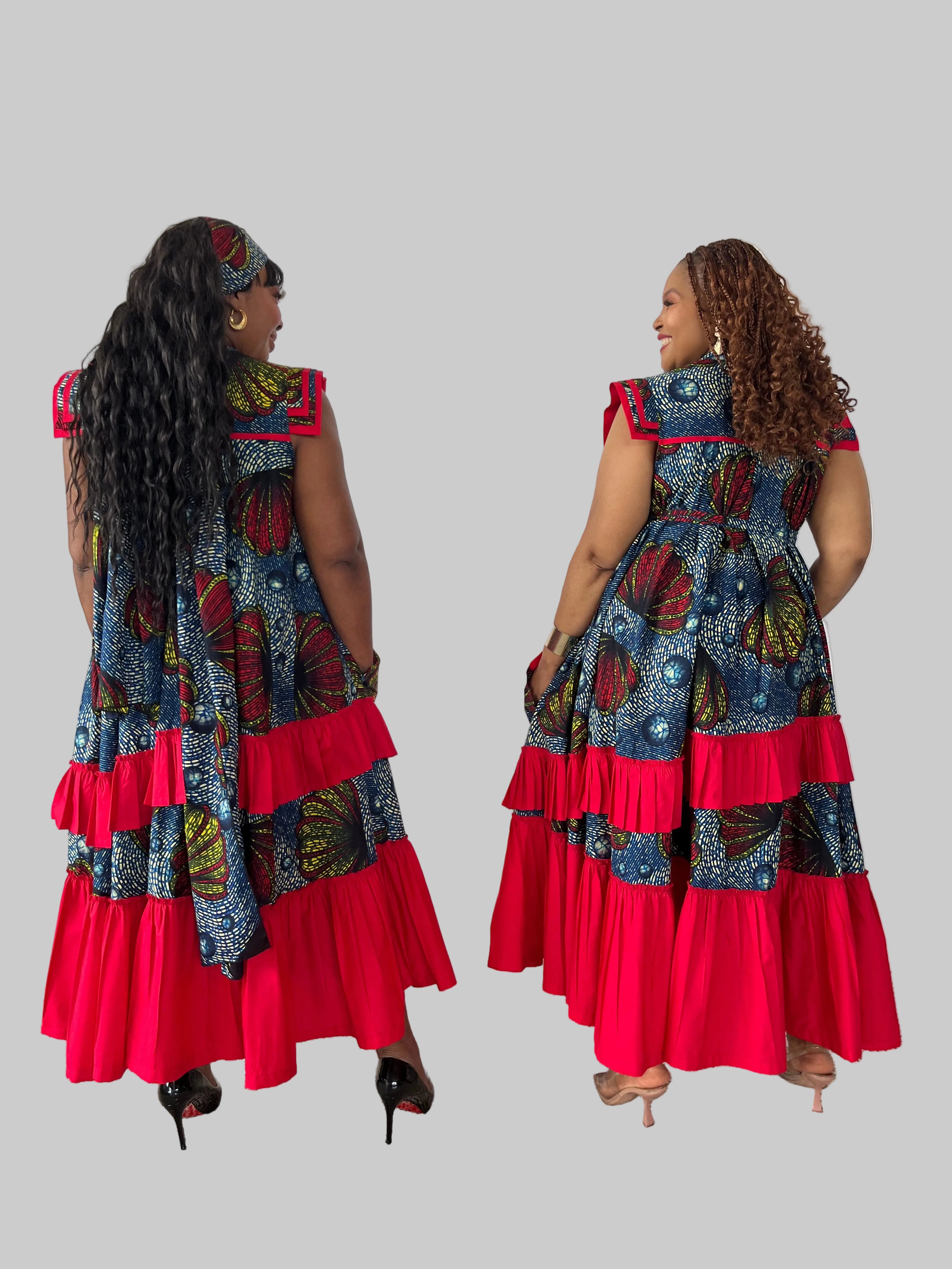 FRA96 BLUE/RED ANKARA MAXI FRILLED NAOMI DRESS