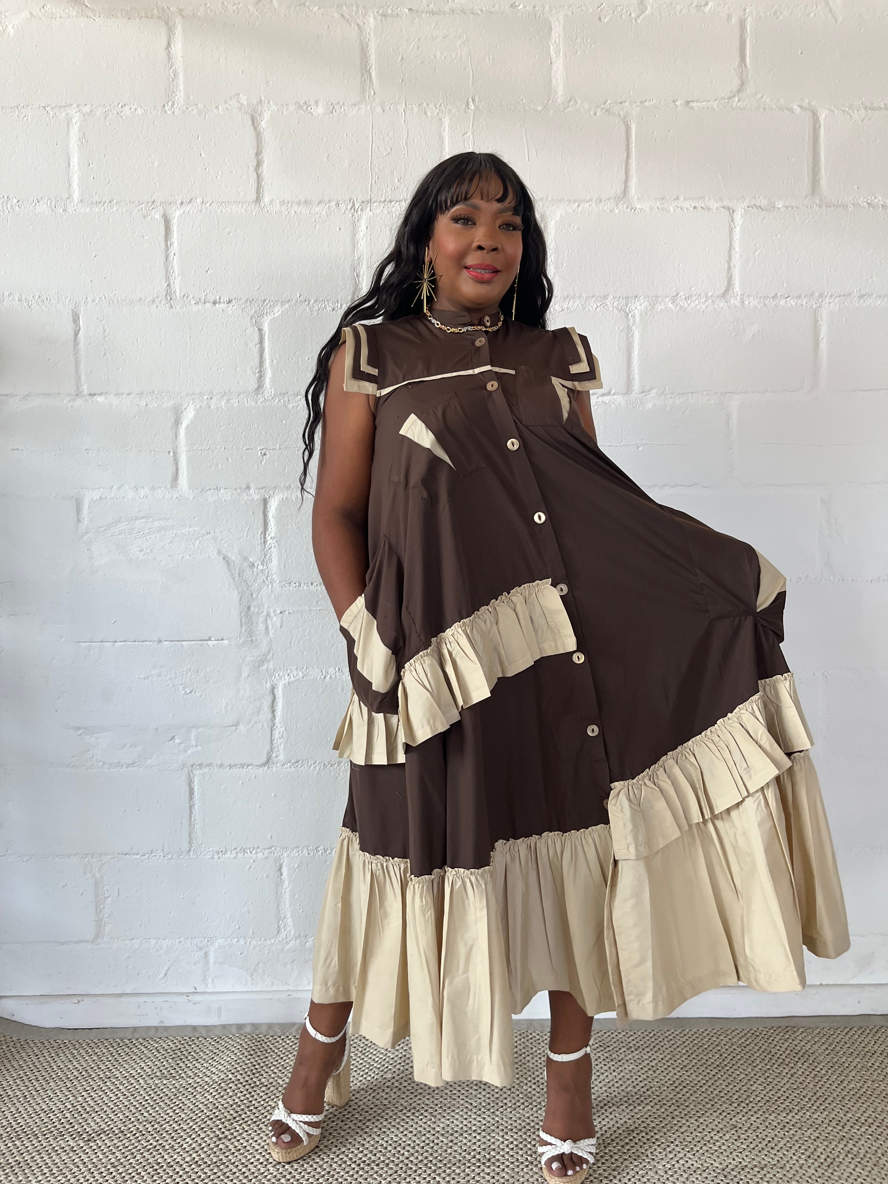 FR1100 BROWN/STONE MAXI FRILLED NAOMI DRESS