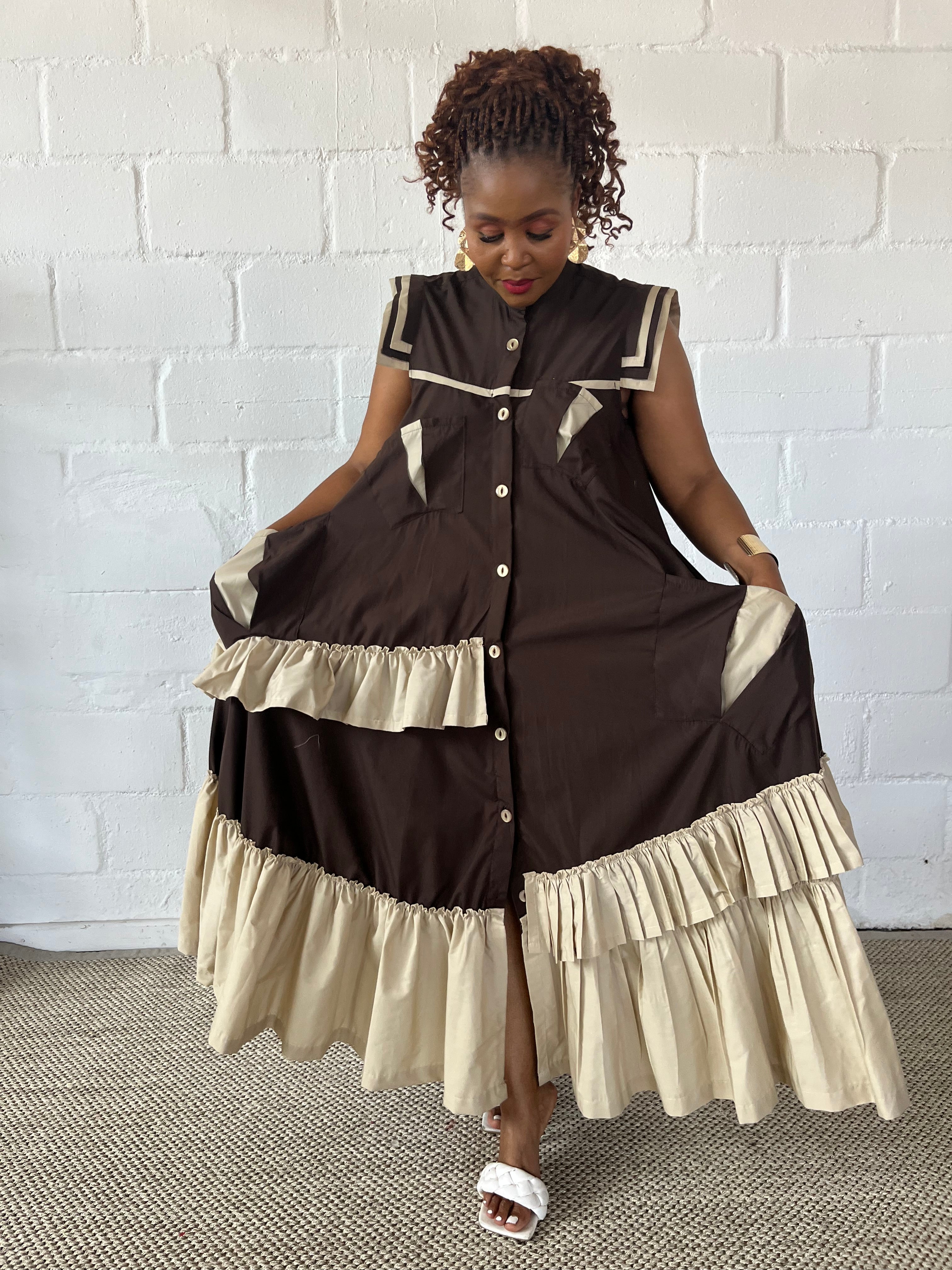 FR1100 BROWN/STONE MAXI FRILLED NAOMI DRESS