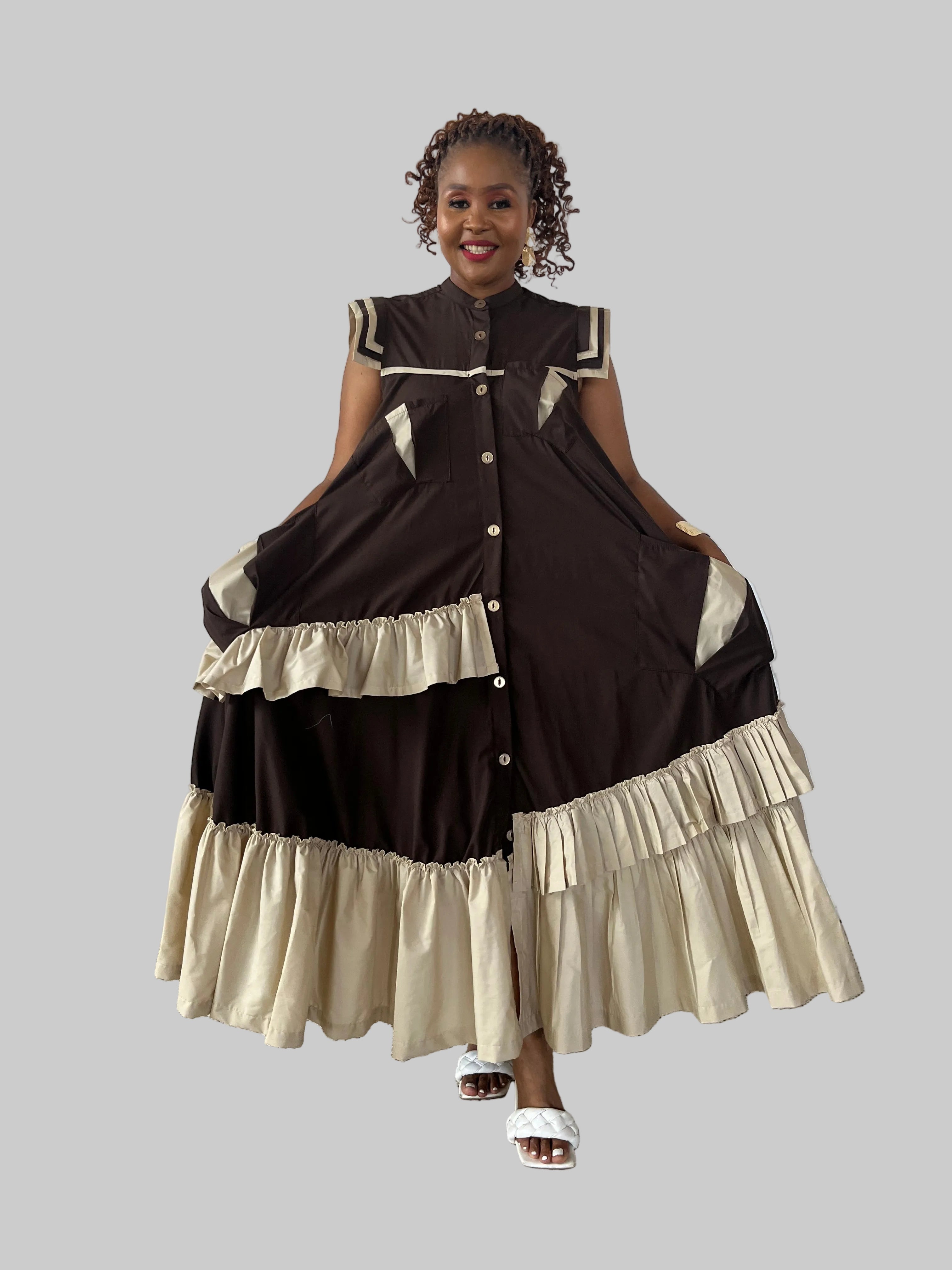 FR1100 BROWN/STONE MAXI FRILLED NAOMI DRESS