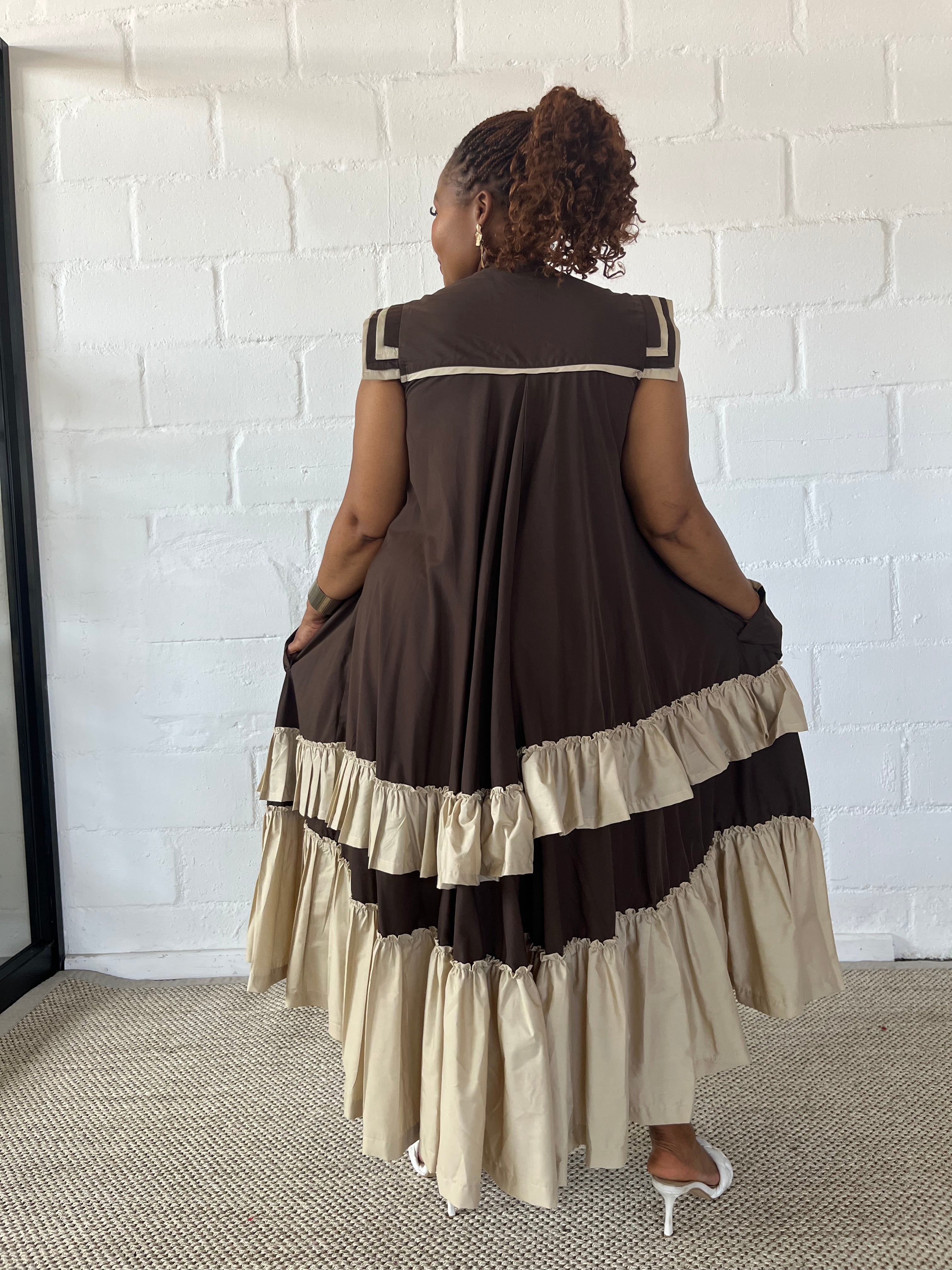 FR1100 BROWN/STONE MAXI FRILLED NAOMI DRESS