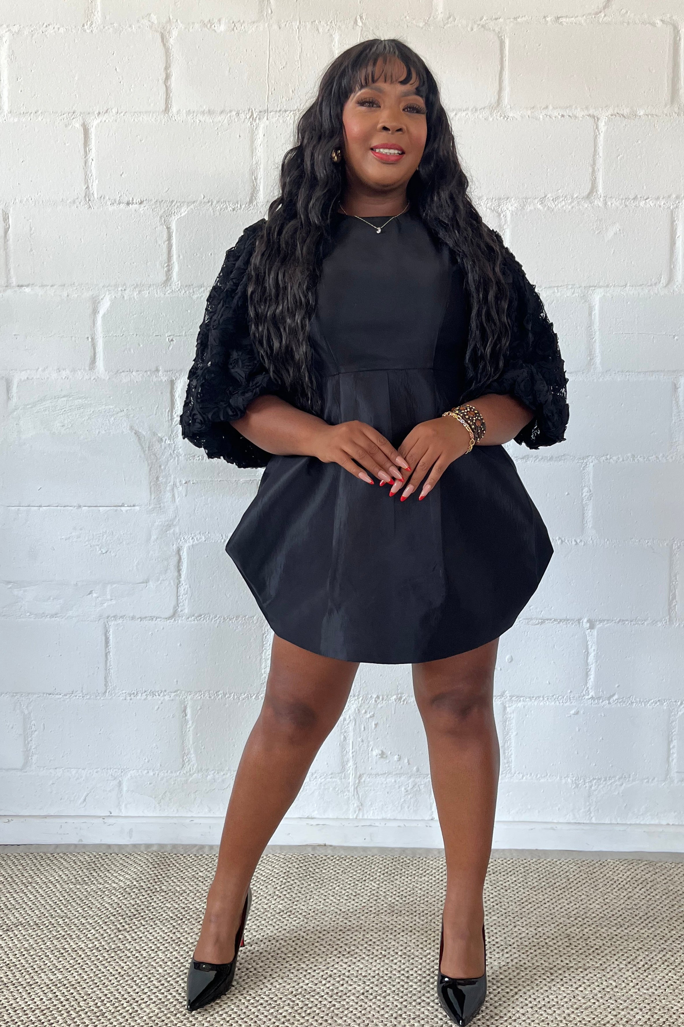 FR1109 BLACK MINI DRESS WITH PUFFY LACE SLEEVES