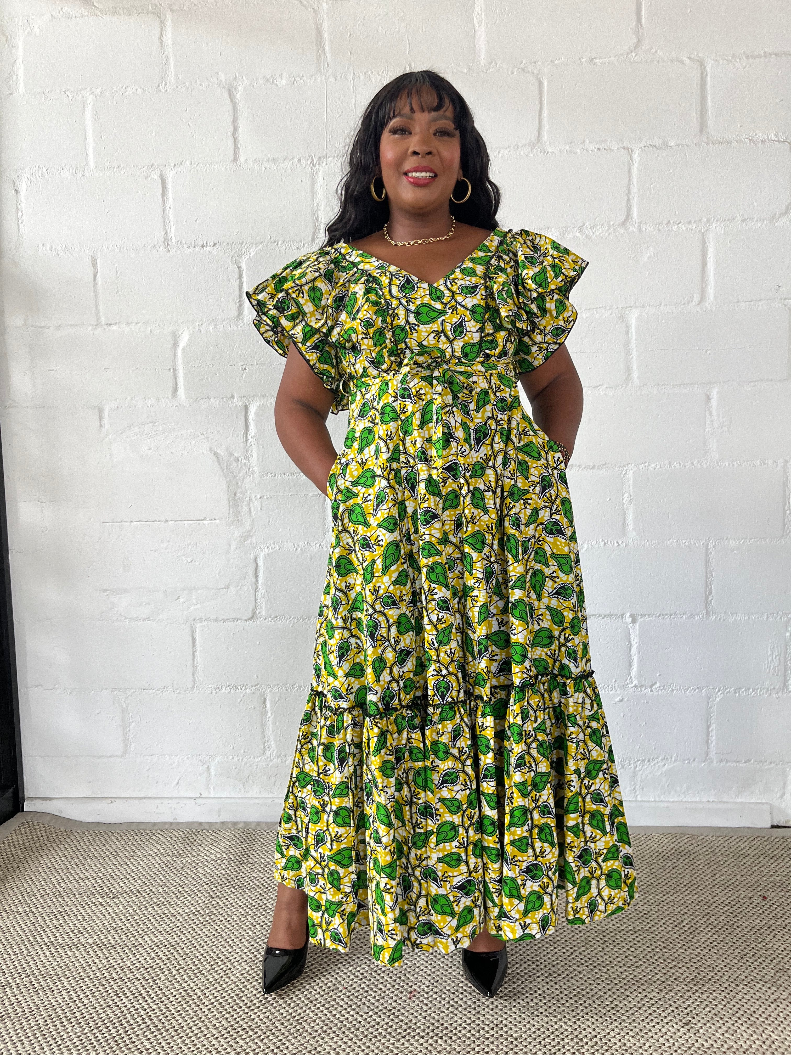 FRA95 CREAM/GREEN ANKARA MAXI LEA DRESS