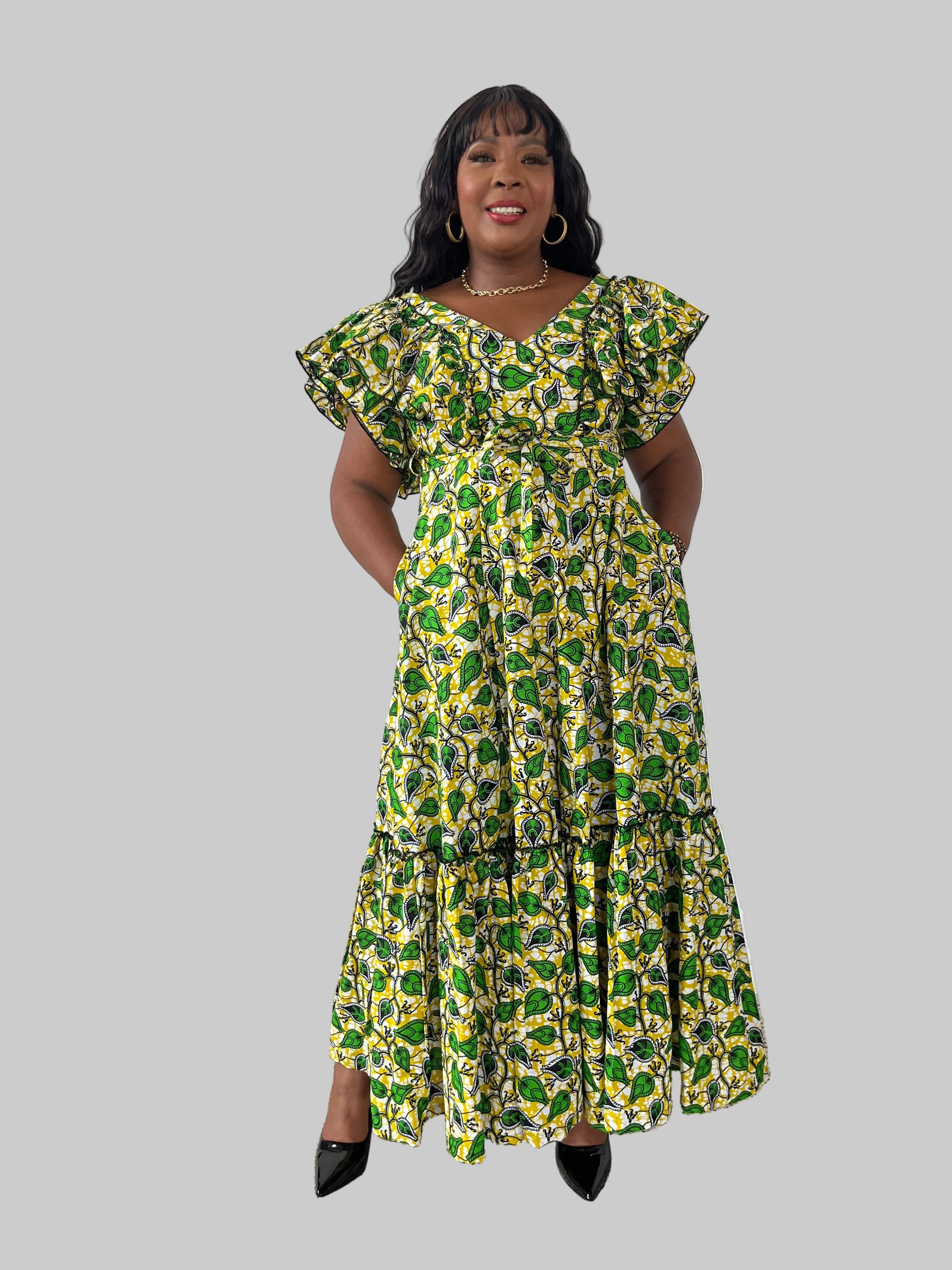 FRA95 CREAM/GREEN ANKARA MAXI LEA DRESS