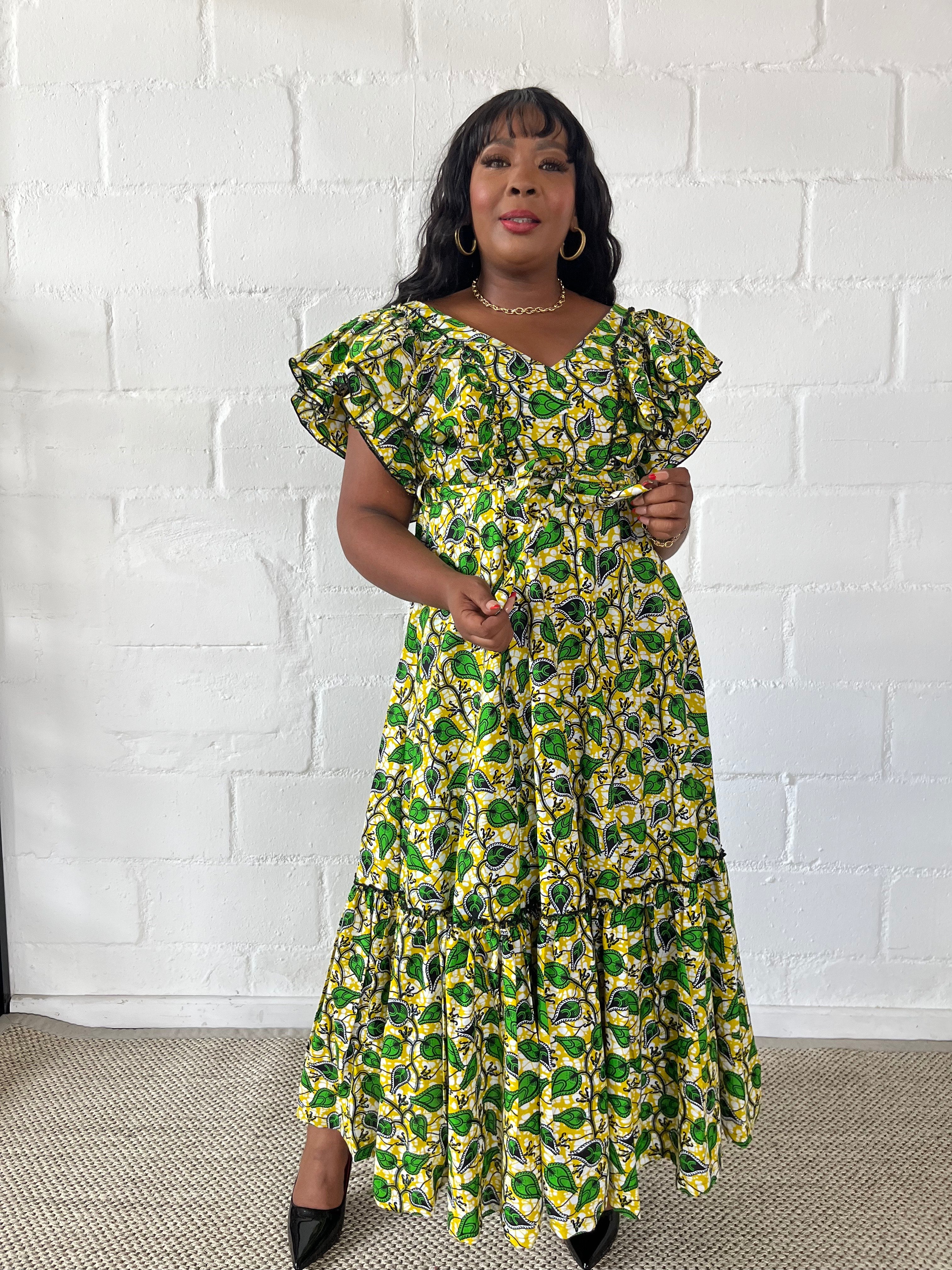 FRA95 CREAM/GREEN ANKARA MAXI LEA DRESS