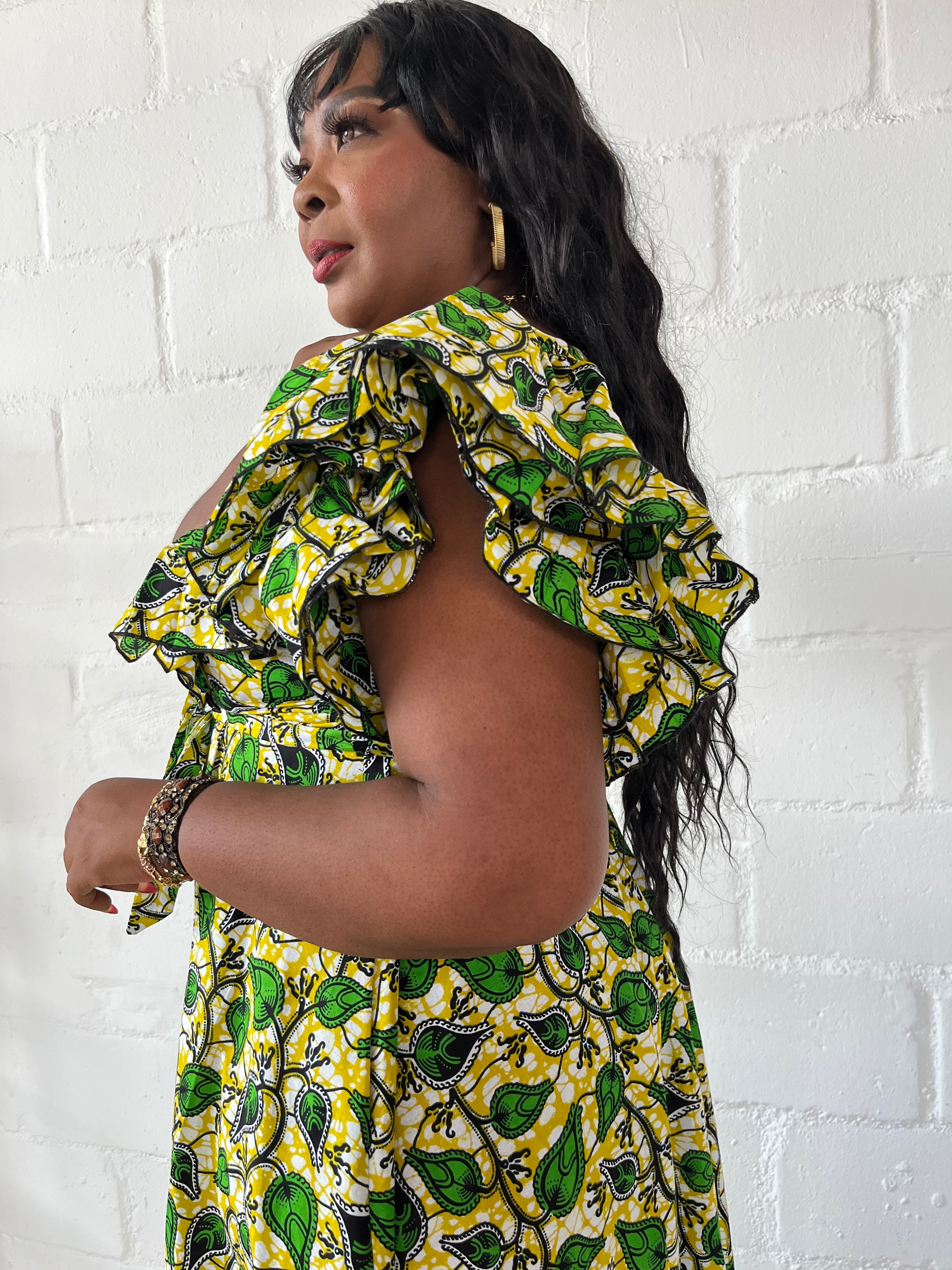 FRA95 CREAM/GREEN ANKARA MAXI LEA DRESS