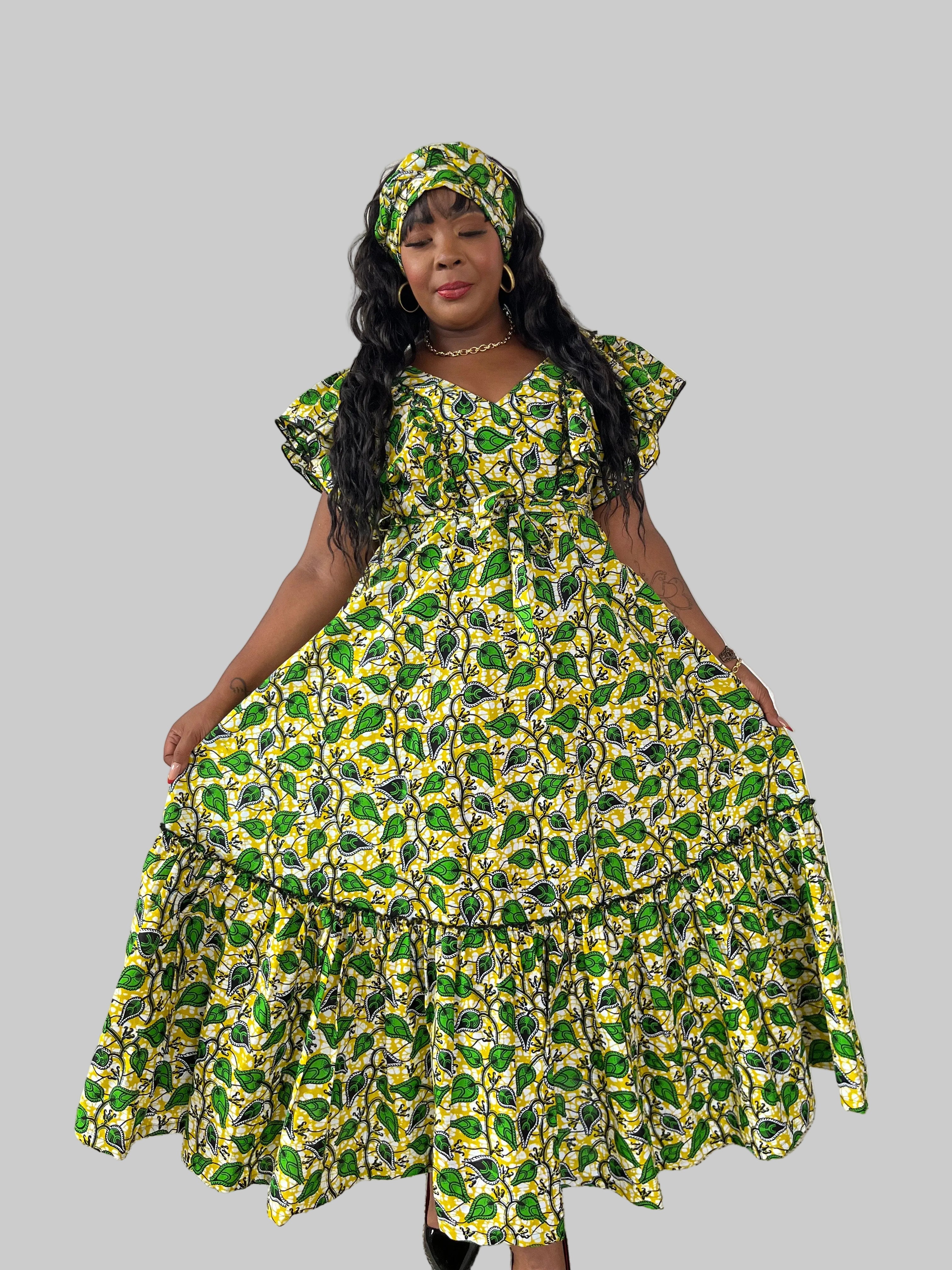 Cream/Green Ankara Maxi Lea Dress FRA95