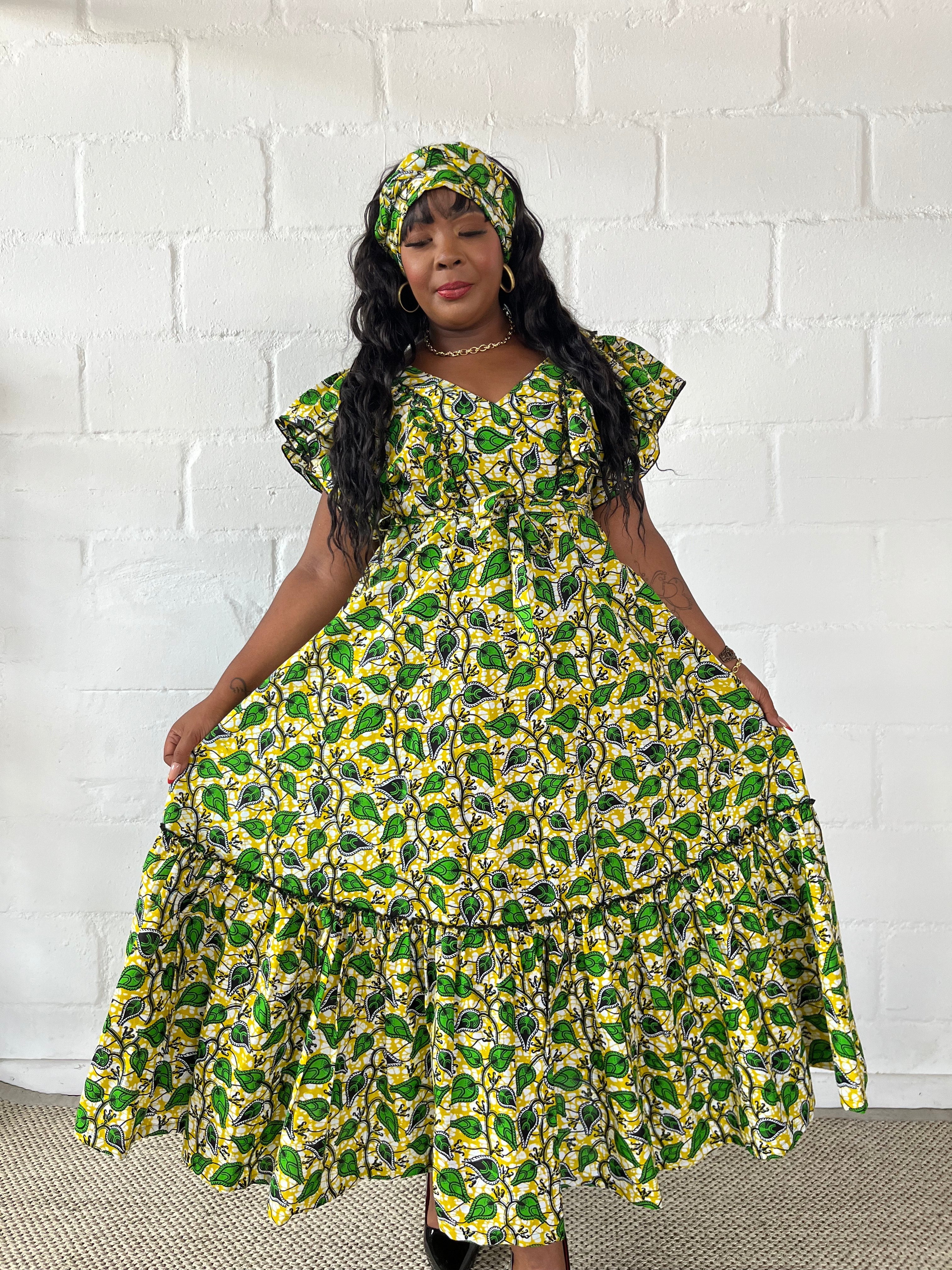 FRA95 CREAM/GREEN ANKARA MAXI LEA DRESS
