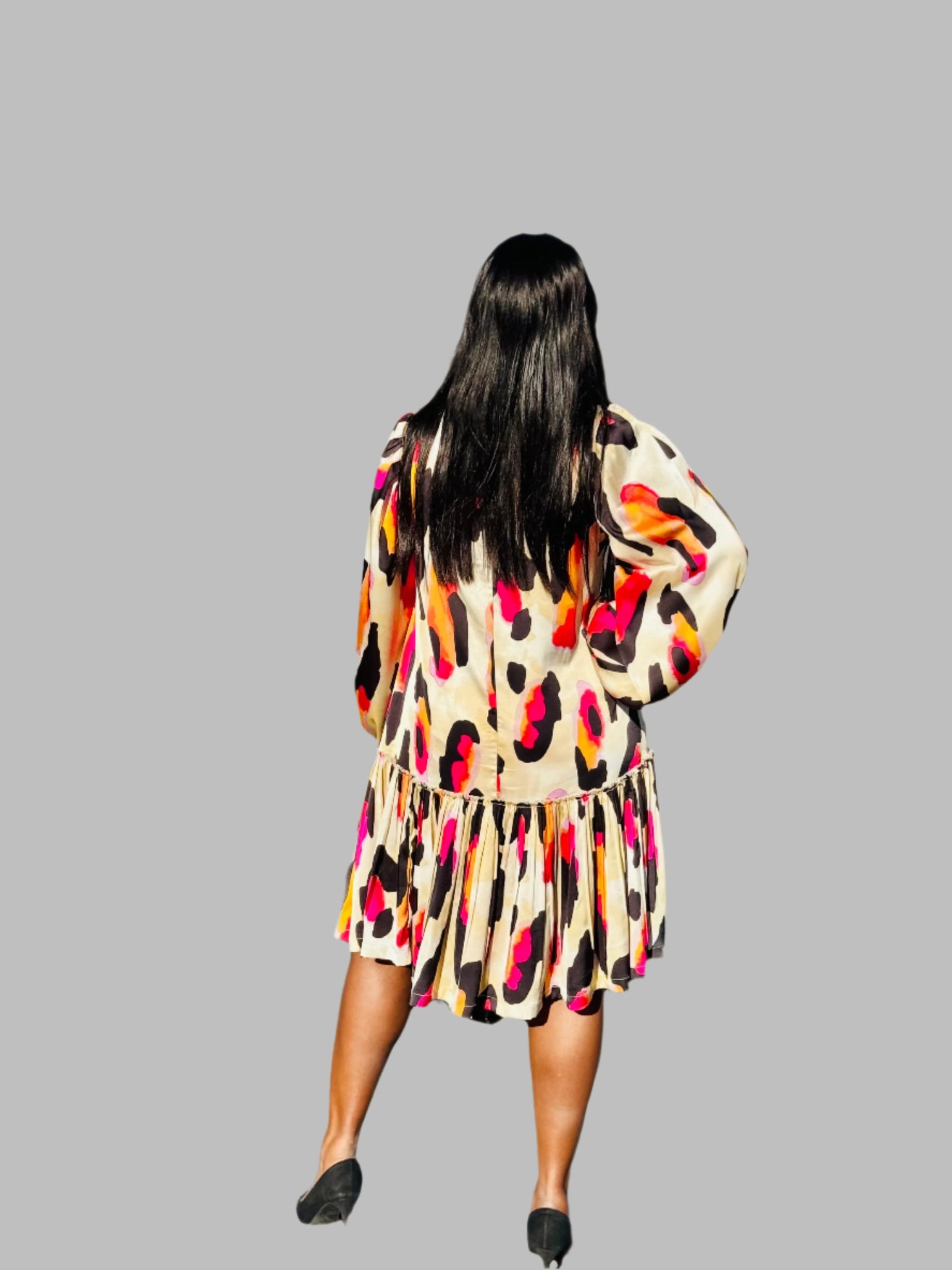 FR1066 NUDE/BLACK/PINK /ORANGE MIDI NOLAN DRESS