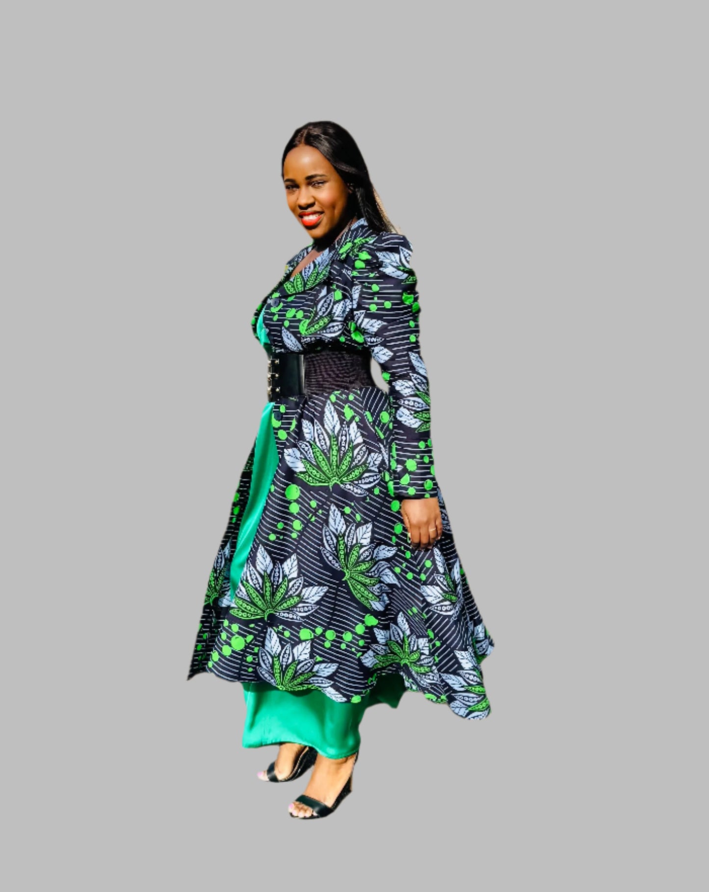 FRA83 NAVY /GREEN LONG SLEEVED MIDI SHIRT DRESS