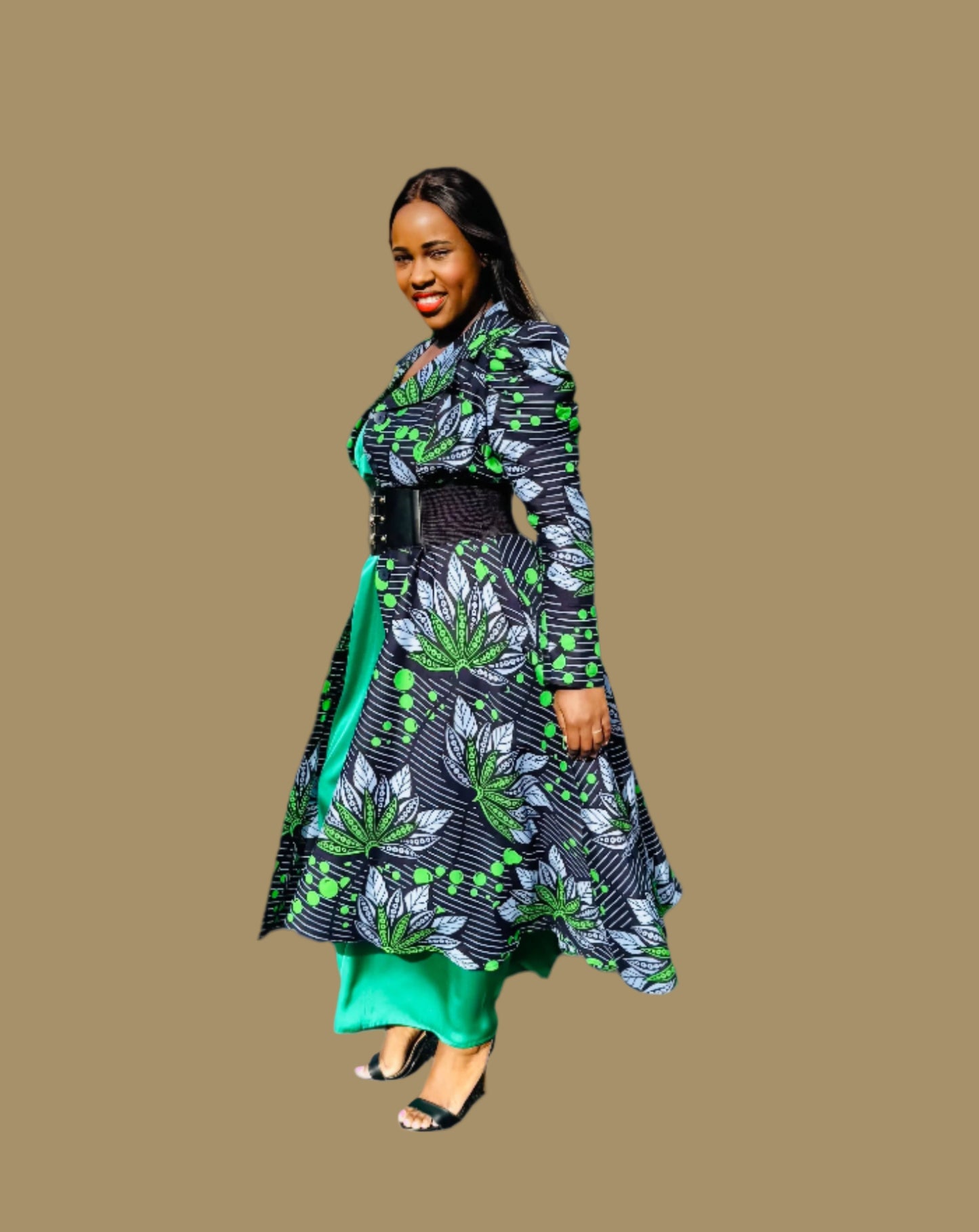 FRA83 NAVY /GREEN LONG SLEEVED MIDI SHIRT DRESS