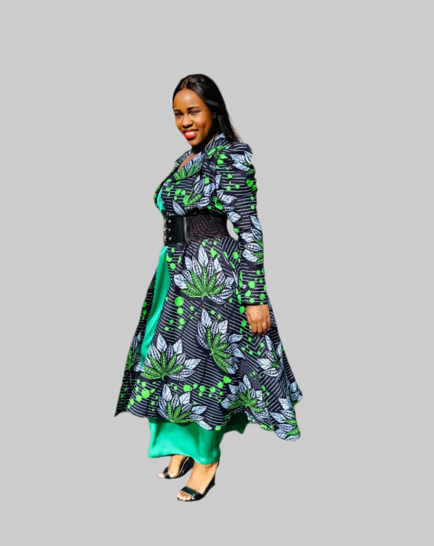 FRA83 NAVY /GREEN LONG SLEEVED MIDI SHIRT DRESS