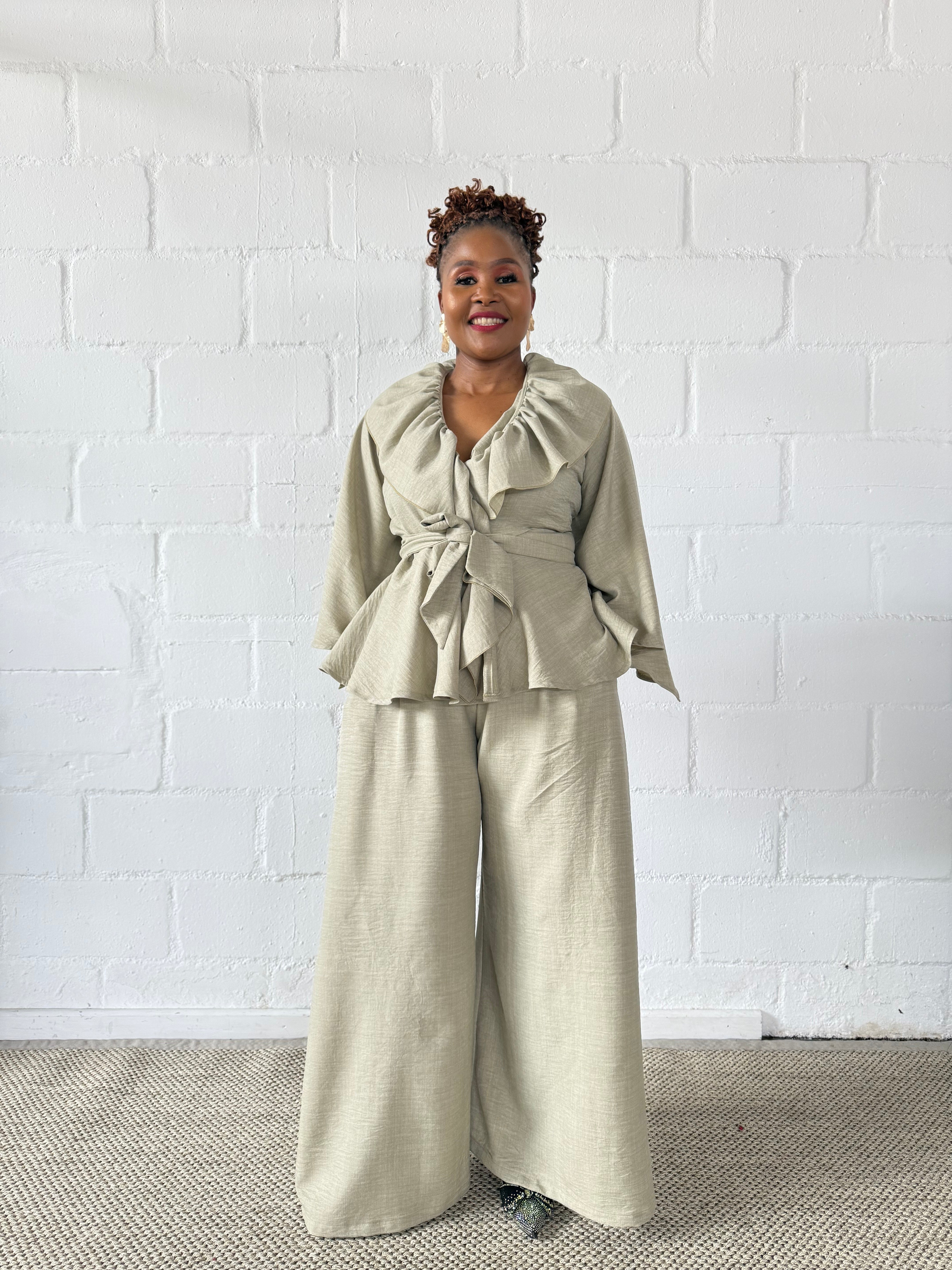 FR1107 SET OF WIDE PANTS & CROSSOVER COLLAR TOP