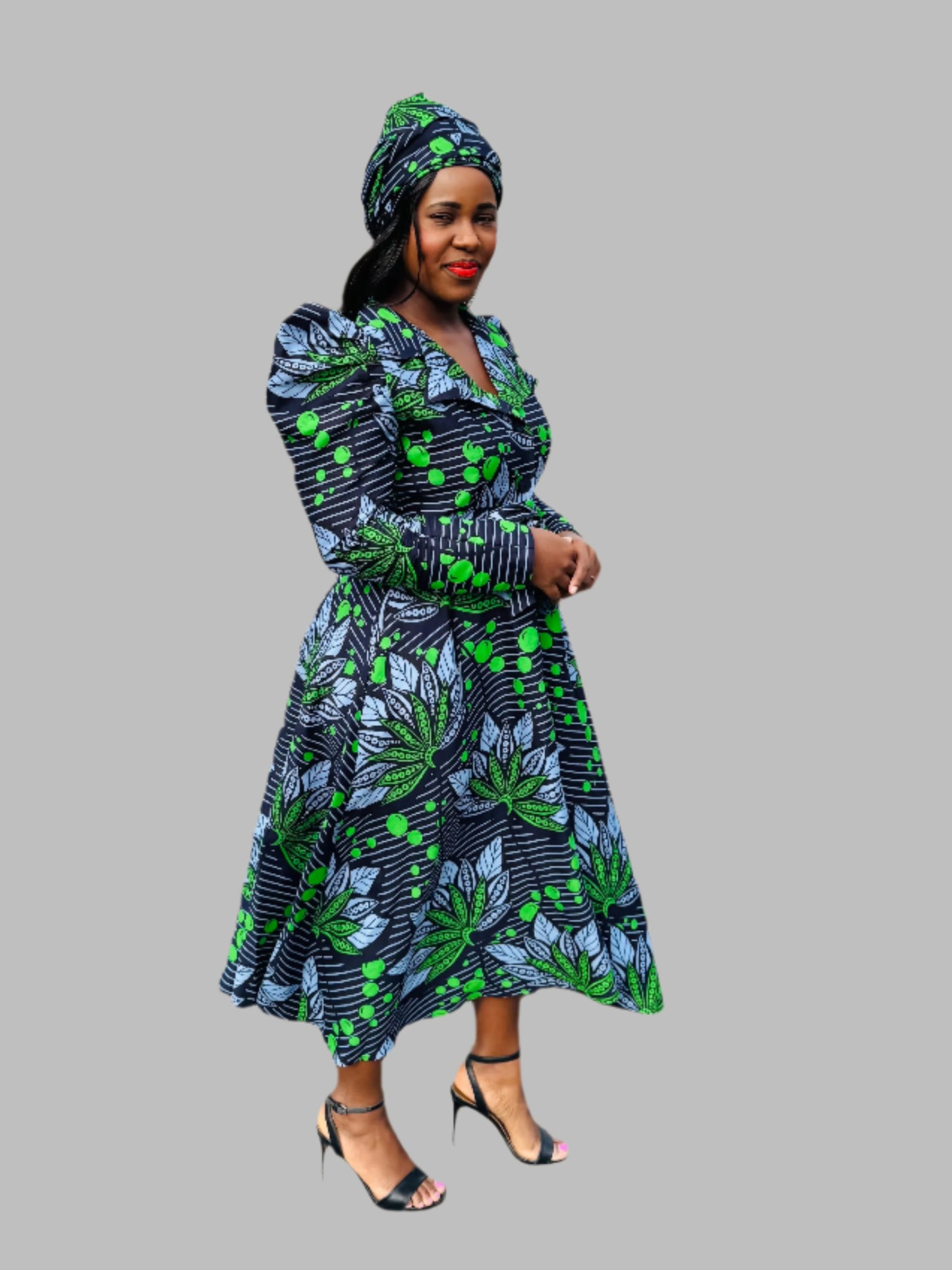 FRA83 NAVY /GREEN LONG SLEEVED MIDI SHIRT DRESS