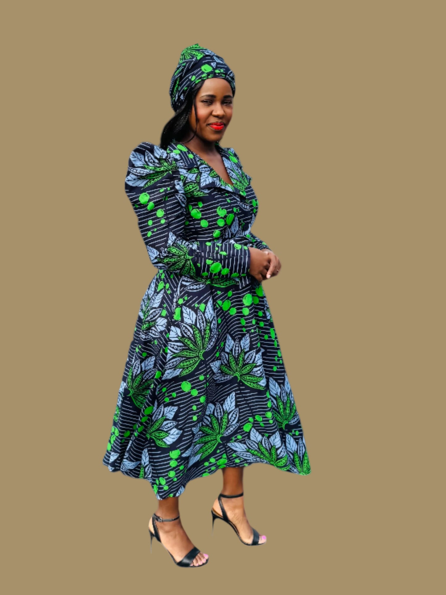 FRA83 NAVY /GREEN LONG SLEEVED MIDI SHIRT DRESS