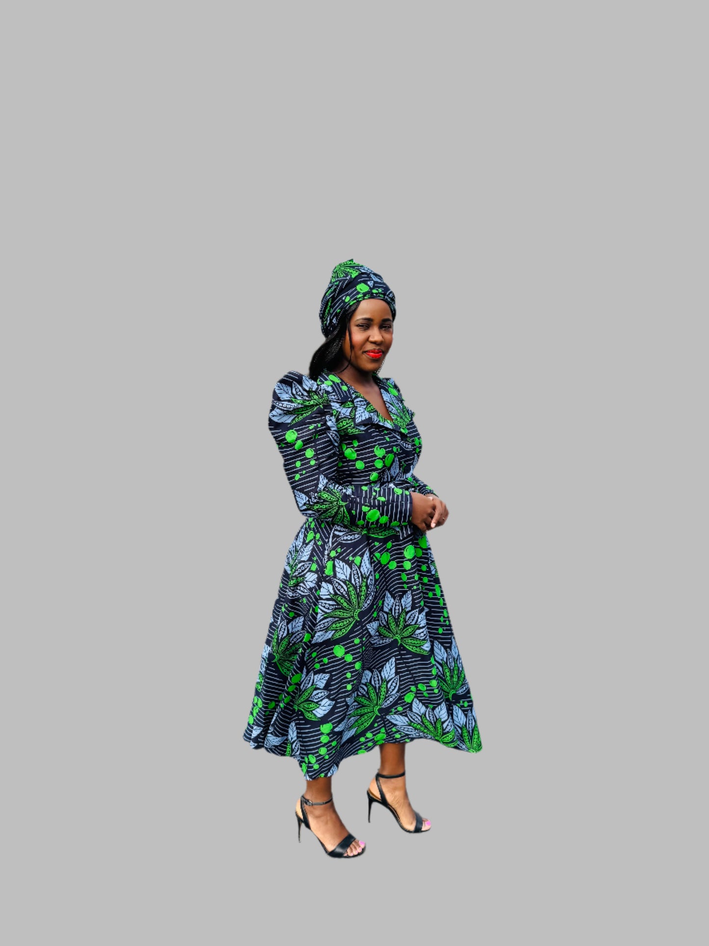 FRA83 NAVY /GREEN LONG SLEEVED MIDI SHIRT DRESS