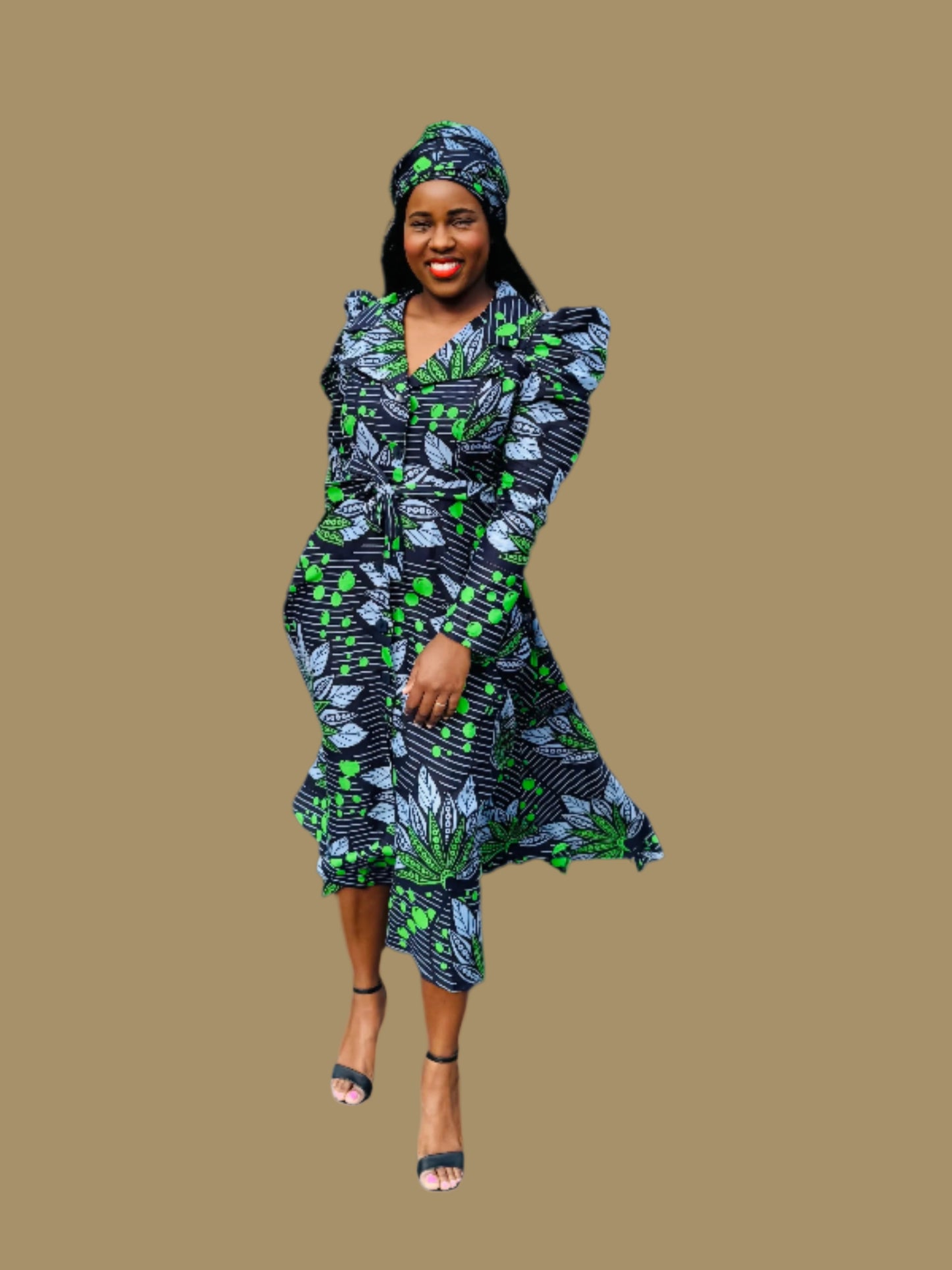 FRA83 NAVY /GREEN LONG SLEEVED MIDI SHIRT DRESS