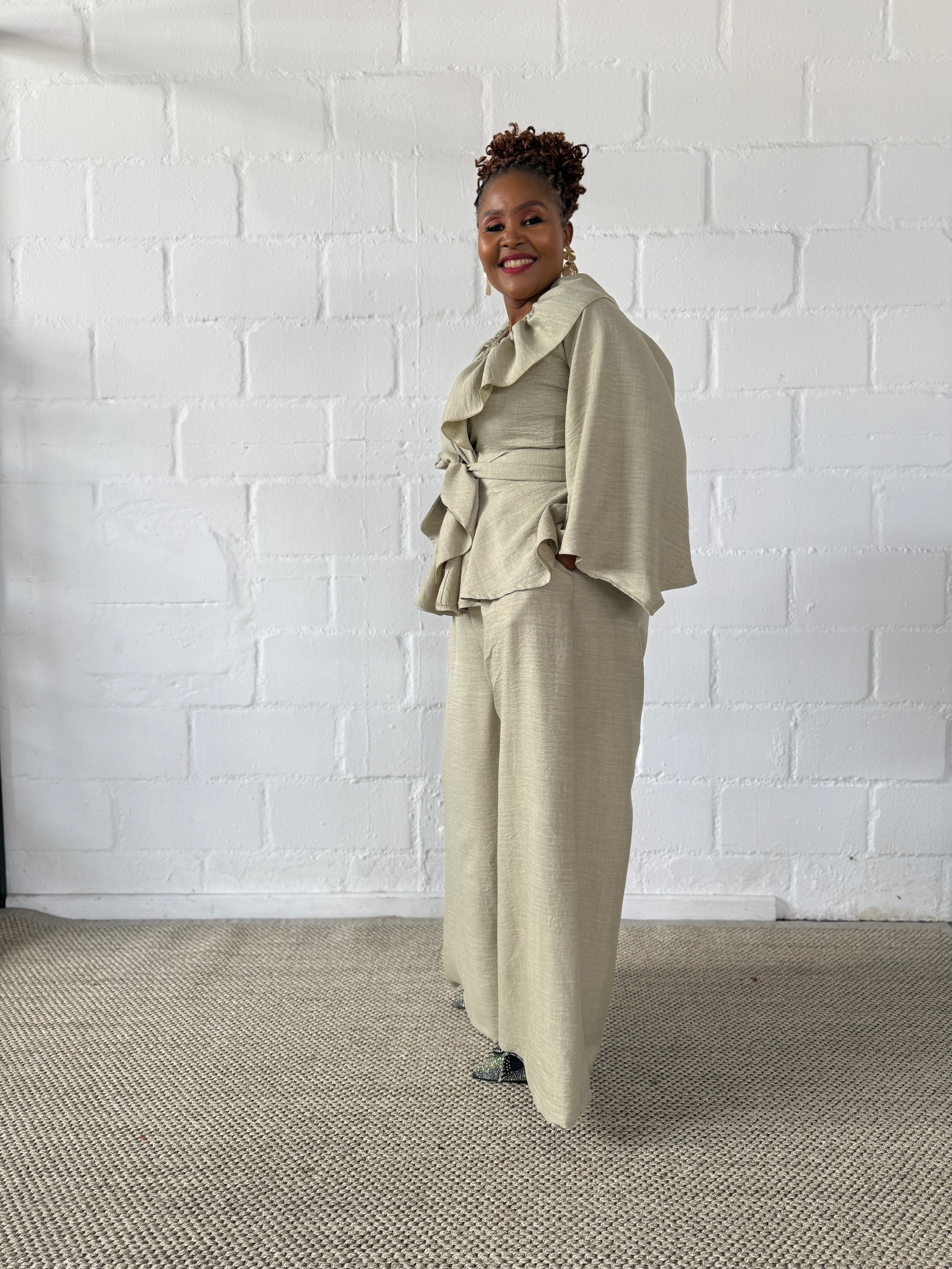 FR1107 SET OF WIDE PANTS & CROSSOVER COLLAR TOP