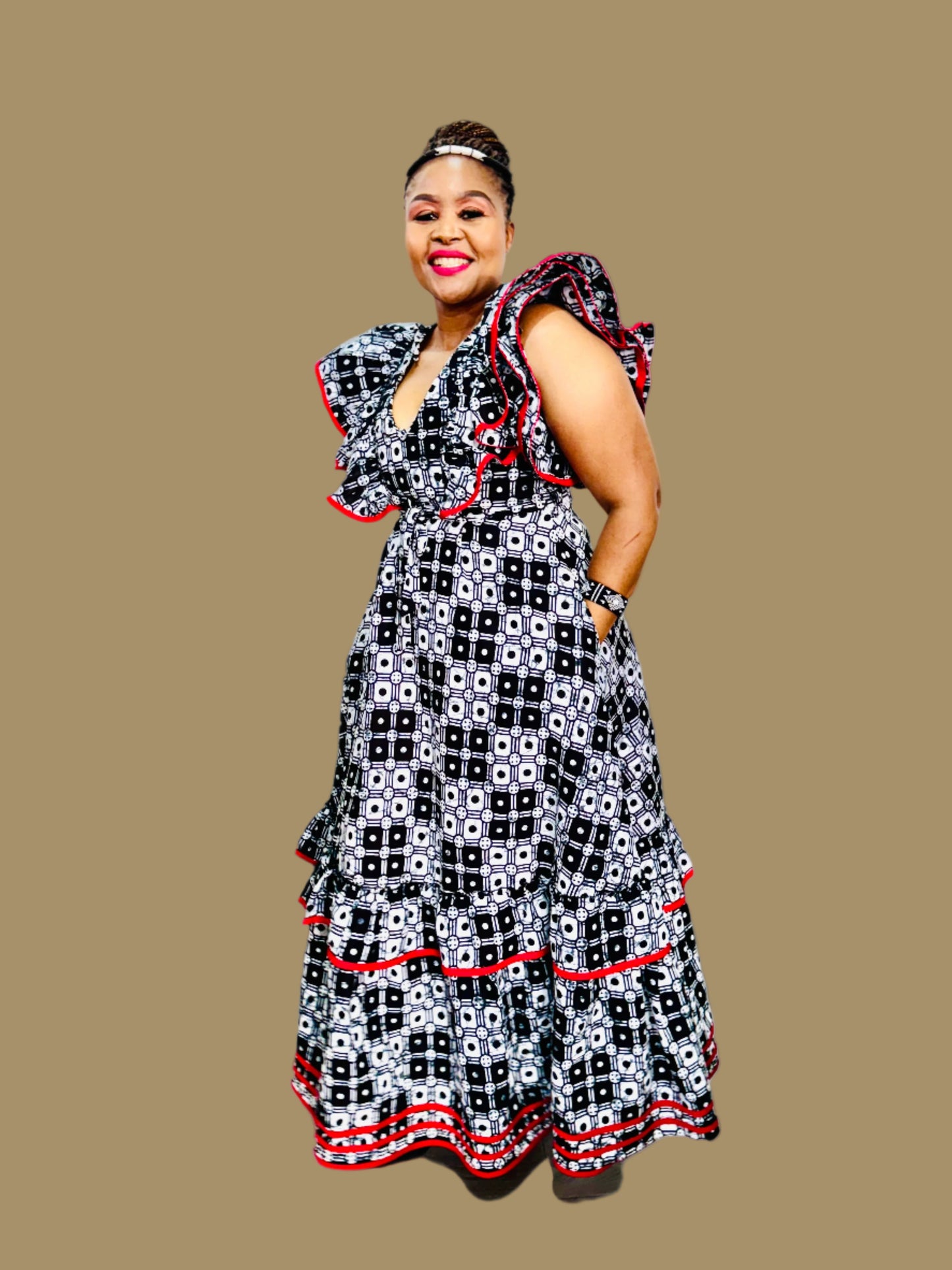 FRA89 BLACK/WHITE/RED CONTRASTED MAXI LEA DRESS