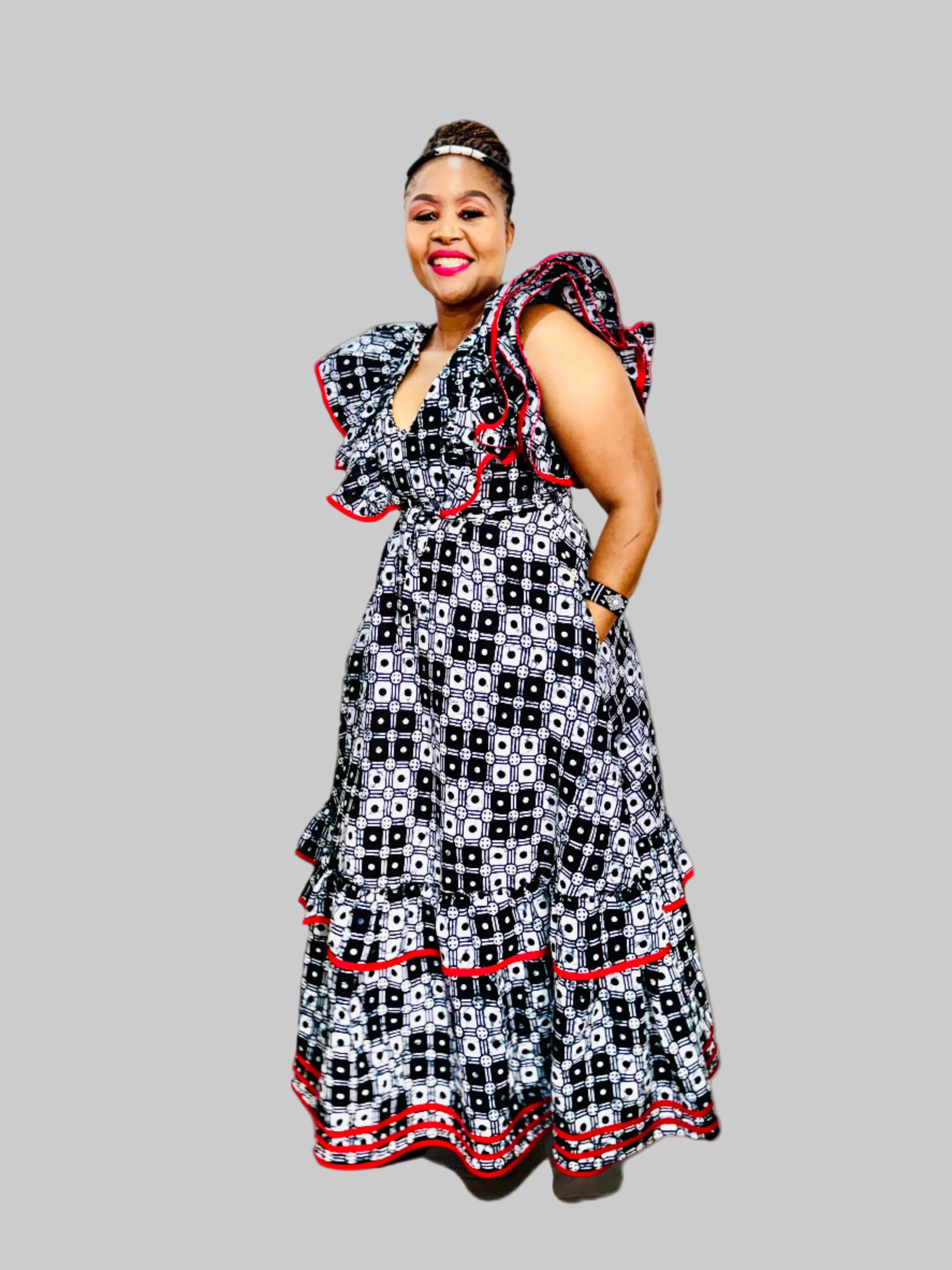 FRA89 BLACK/WHITE/RED CONTRASTED MAXI LEA DRESS