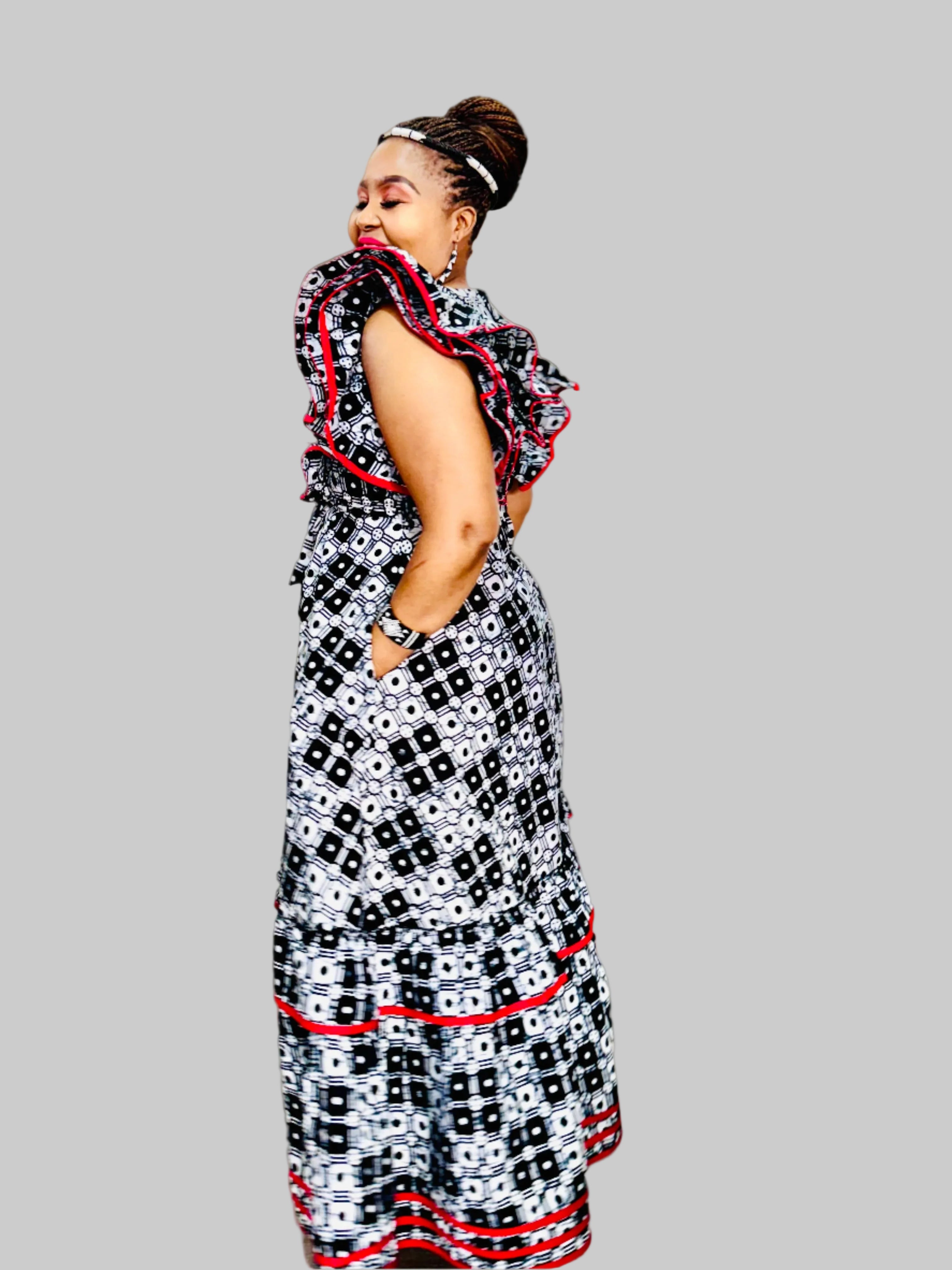 FRA89 BLACK/WHITE/RED CONTRASTED MAXI LEA DRESS