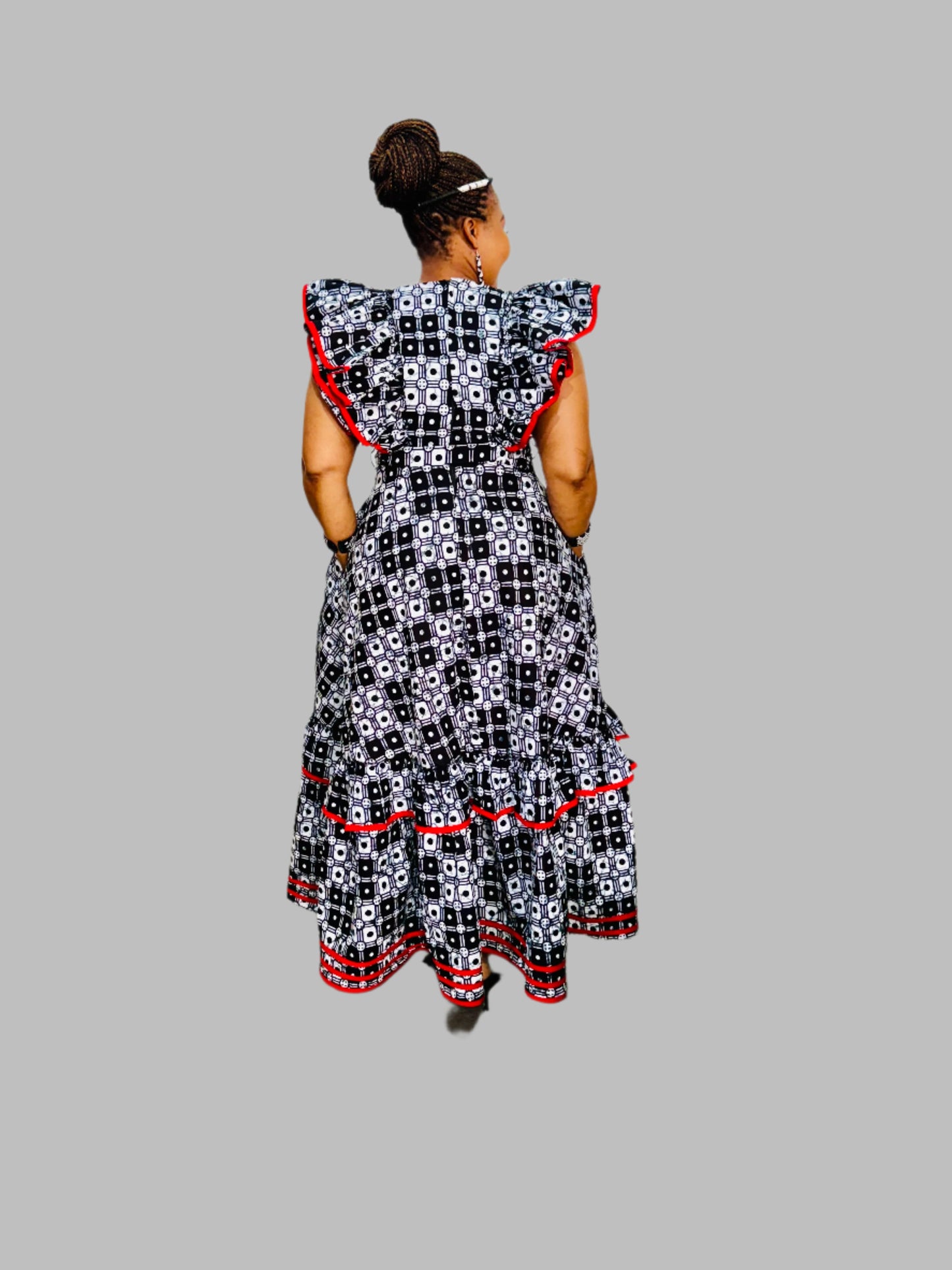 FRA89 BLACK/WHITE/RED CONTRASTED MAXI LEA DRESS